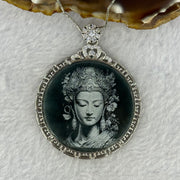 Type A Dark Blueish Green Jadeite Guan Yin 37.3 by 2.0mm with Crystals Pendant in S925 Sliver Necklace 15.30g - Huangs Jadeite and Jewelry Pte Ltd