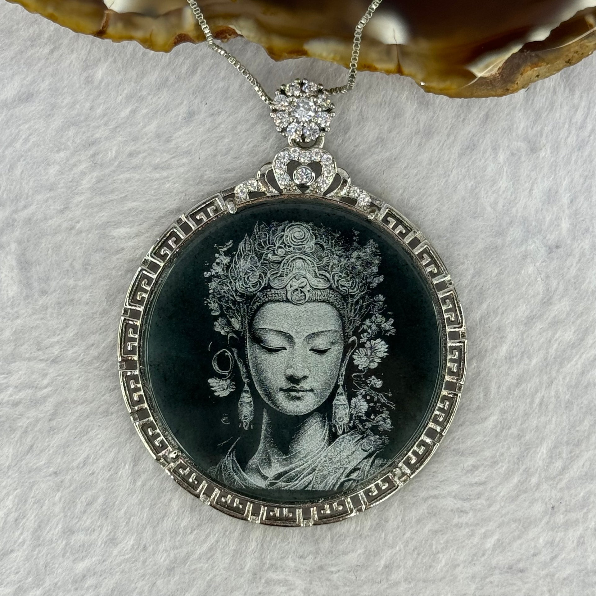 Type A Dark Blueish Green Jadeite Guan Yin 37.3 by 2.0mm with Crystals Pendant in S925 Sliver Necklace 15.30g - Huangs Jadeite and Jewelry Pte Ltd
