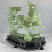 Natural Green Serpentine Double Victory Horses with Wooden Stand Display 1,339.7g 198.0 by 193.0 by 120.0mm - Huangs Jadeite and Jewelry Pte Ltd