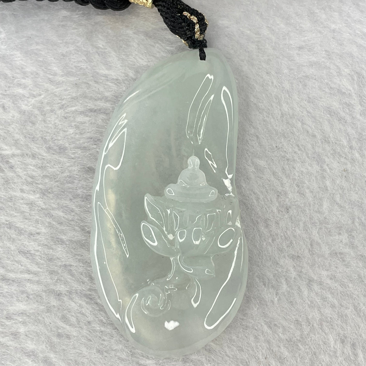Type A Semi Icy Light Green Jadeite Benefactor on Lotus Flower Pendent 16.22g 52.1 by 26.5 by 7.9mm - Huangs Jadeite and Jewelry Pte Ltd