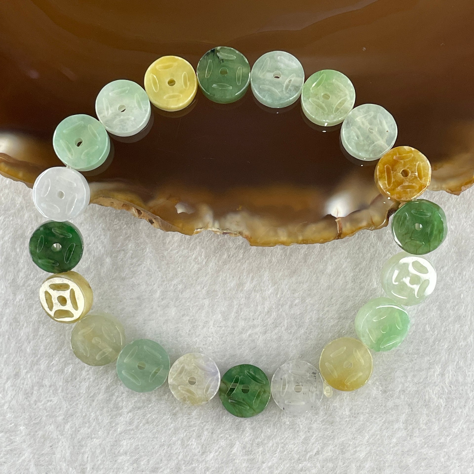Natural Type A Green with Yellow Jadeite Ancient Coin Shape Beads Bracelet 11.90g 15cm 9.0mm 20 Beads - Huangs Jadeite and Jewelry Pte Ltd