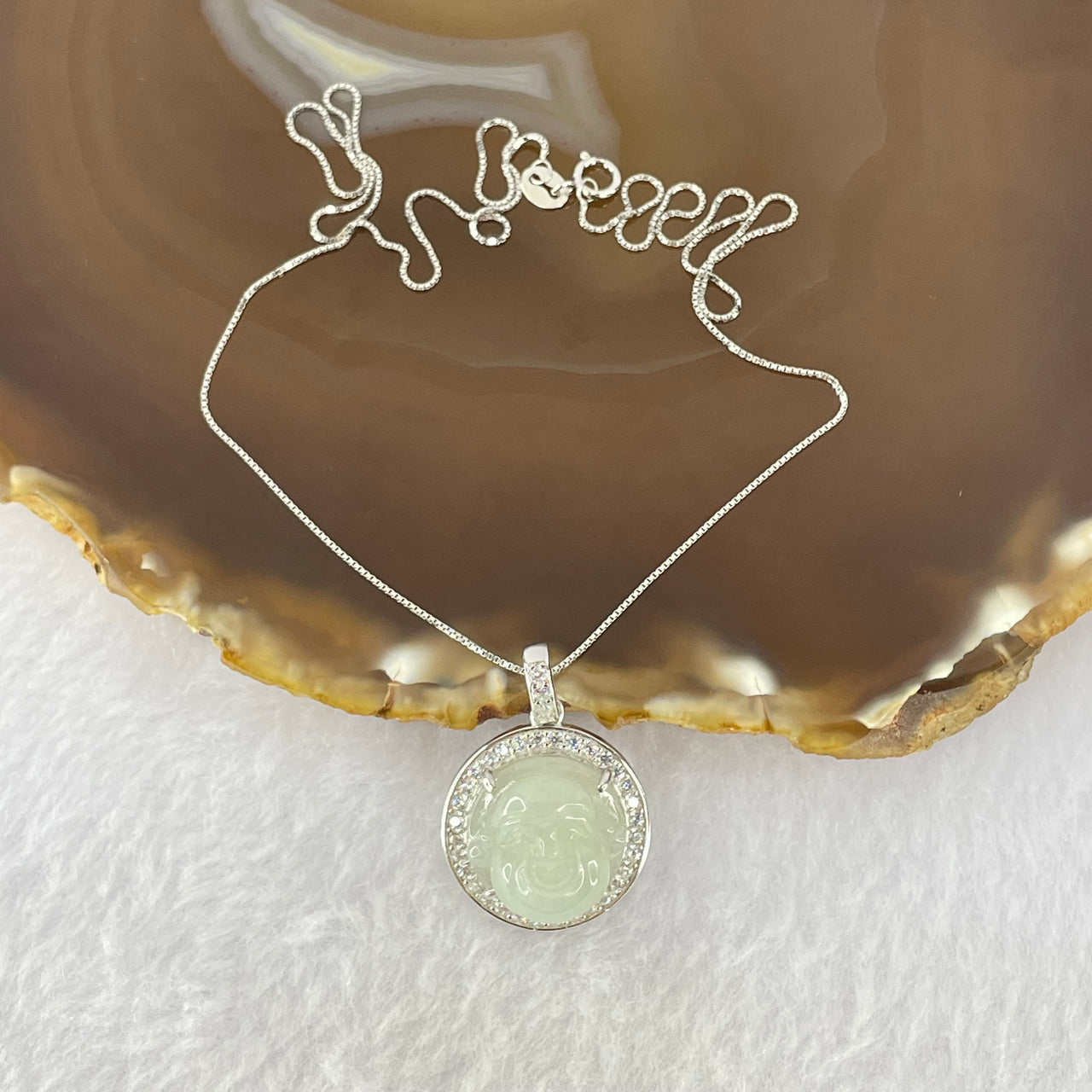 Type A Faint Green Lavender Milo Buddha with Crystals in S925 Sliver Pendant and Necklace 6.12g 14.7 by 14.7 by 7.5mm - Huangs Jadeite and Jewelry Pte Ltd