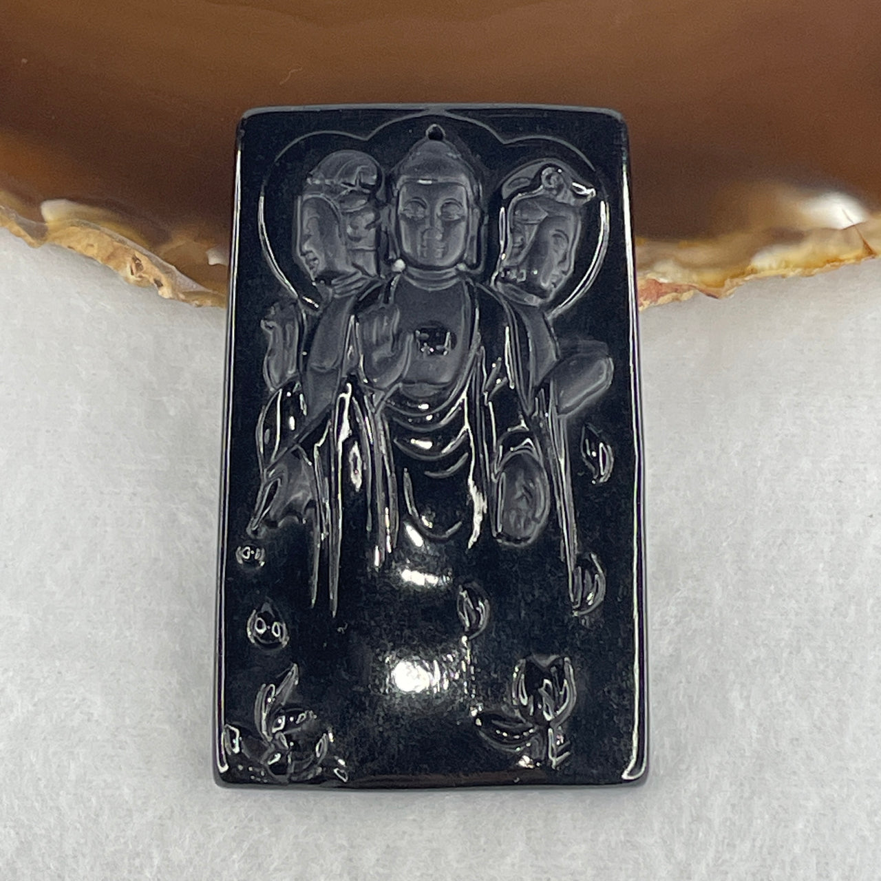Certified Type A Opaque Black Omphacite Jadeite Three Saints of the West Pendant | Amitabha, Guanyin & Mahasthamaprapta Sacred Buddhist (25.87g | 62.9 x 58.8 x 8.2mm)