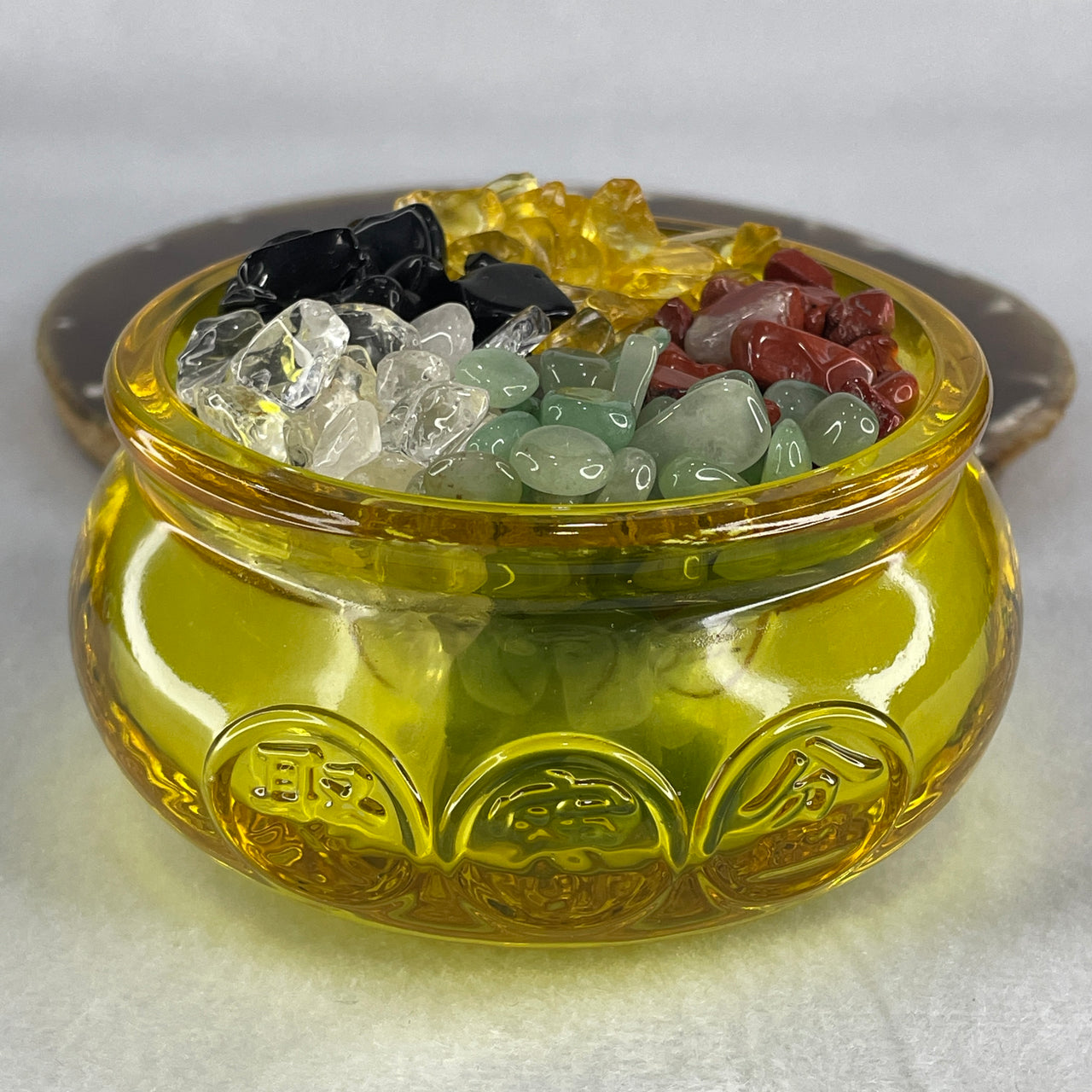 Yellow Liuli Wealth Pot with Five Element Crystal Fragment (Clear Quartz, Black Obsidian, Red Jasper, Citrine, Serpentine) Display Total Weight 702.75g 99.1 by 50.8mm - Huangs Jadeite and Jewelry Pte Ltd