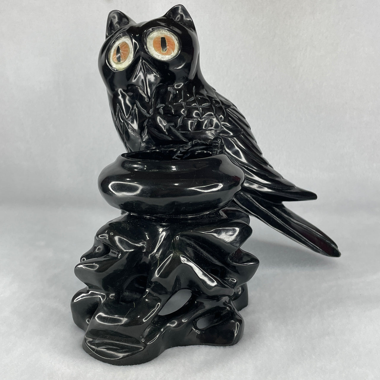 Natural Black Serpentine Owl Stand on Pot Display 2,173.5g 170.0 by 155.0 by 180.0mm - Huangs Jadeite and Jewelry Pte Ltd