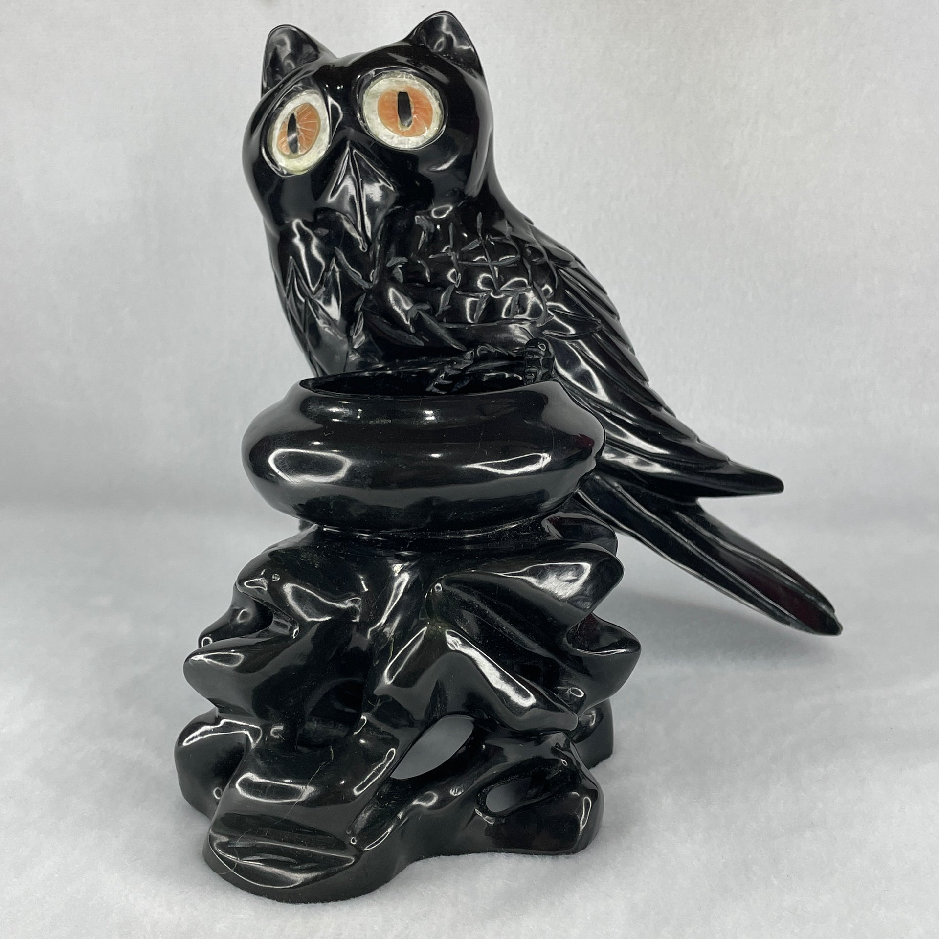 Natural Black Serpentine Owl Stand on Pot Display 2,173.5g 170.0 by 155.0 by 180.0mm - Huangs Jadeite and Jewelry Pte Ltd