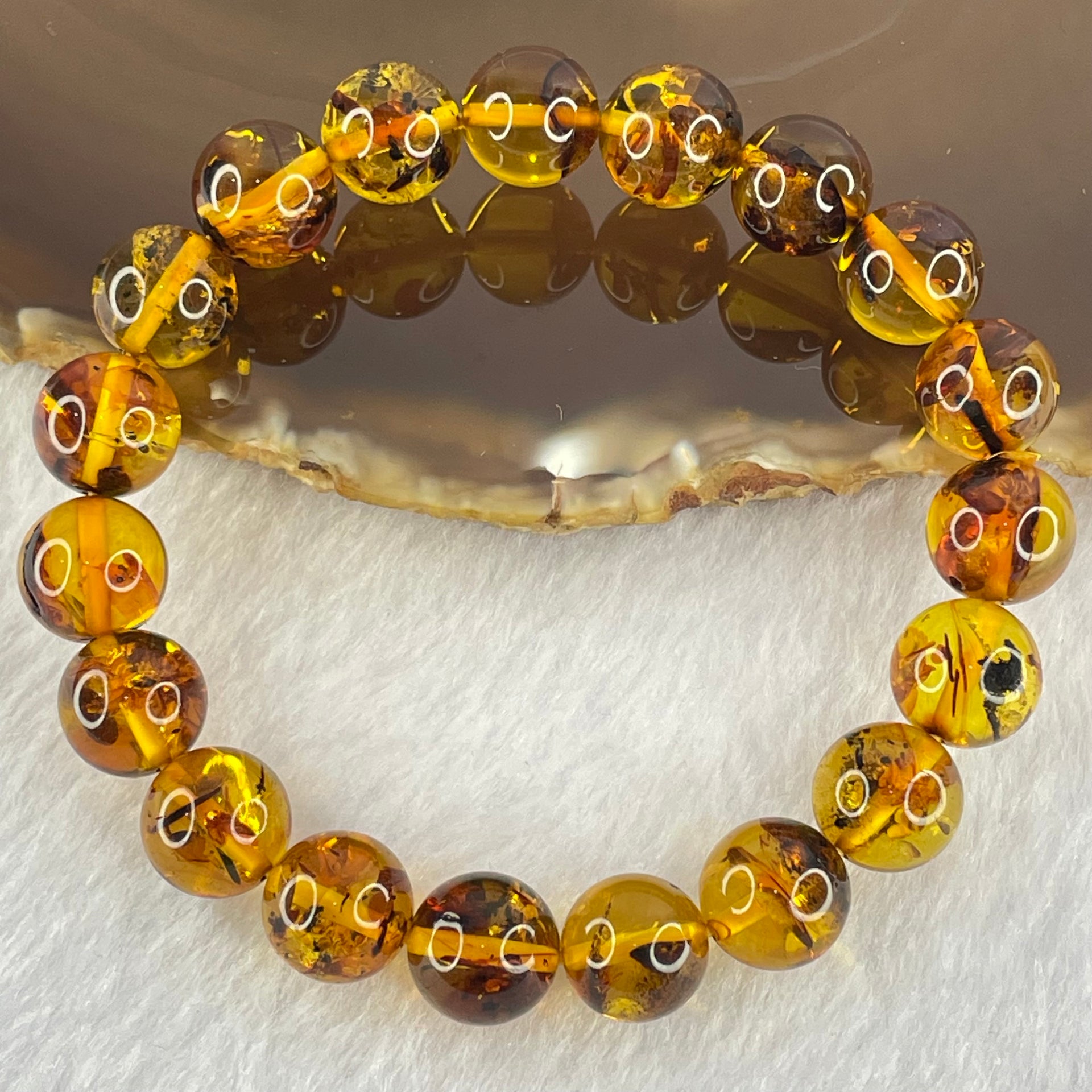 Natural Brownish Yellow Flower Amber Beads Bracelet 12.85g 17.5cm 10.8mm 19 Beads - Huangs Jadeite and Jewelry Pte Ltd