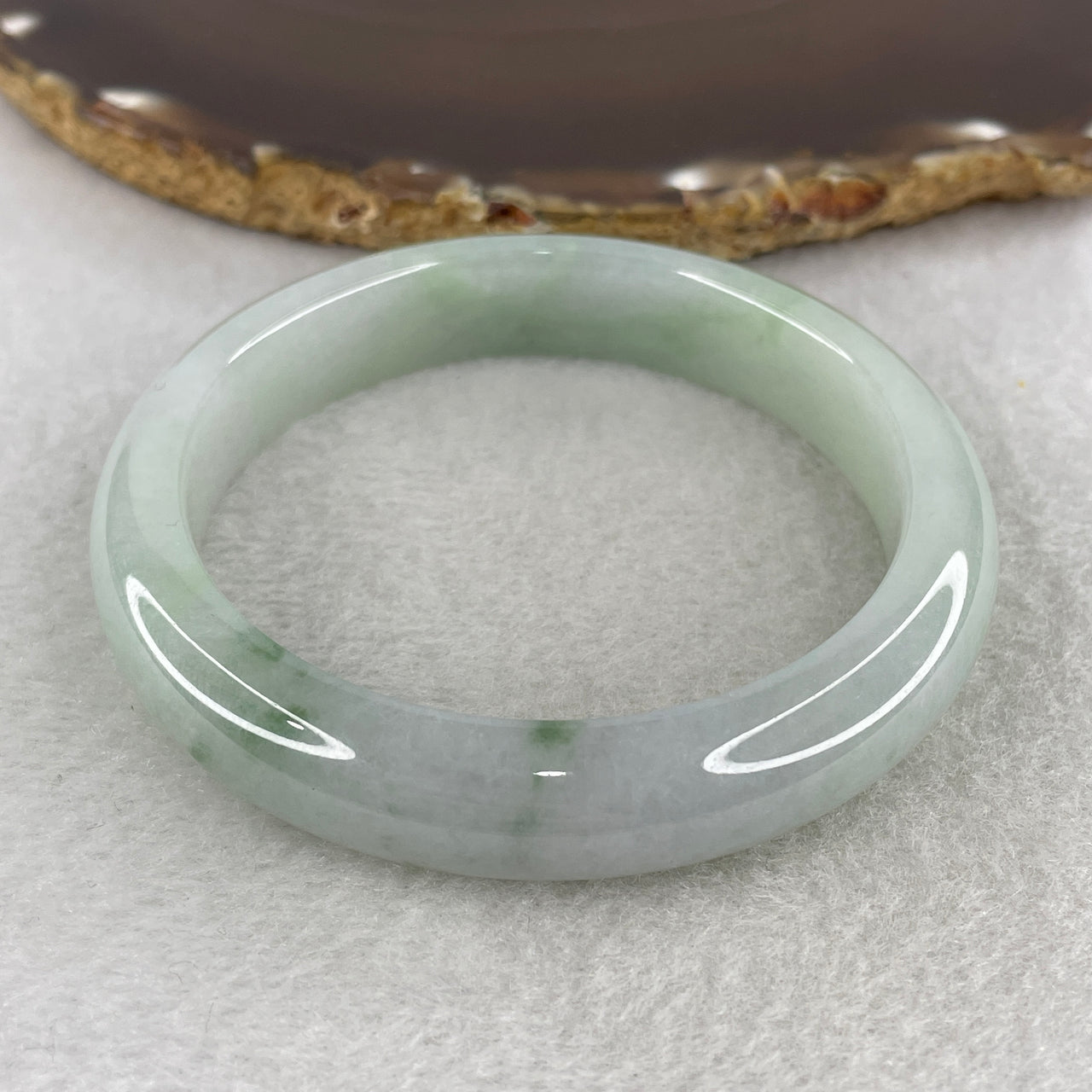 Natural Type A Multicolor Jadeite Bangle | 56.8mm Light Green & Light Lavender with Imperial Emerald Green Spots | Very Very Slight Internal Lines "San Cai" Round Wrist Heirloom (54.29g 12.0x8.3mm)