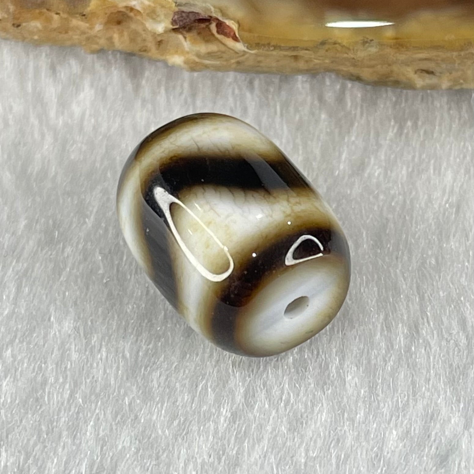 Natural Powerful Tibetan Old Oily Dark Brown with White Agate Tiger Tooth Daluo Dzi Bead Heavenly Master (Tian Zhu) 2.84g 13.7 by 10.9mm - Huangs Jadeite and Jewelry Pte Ltd