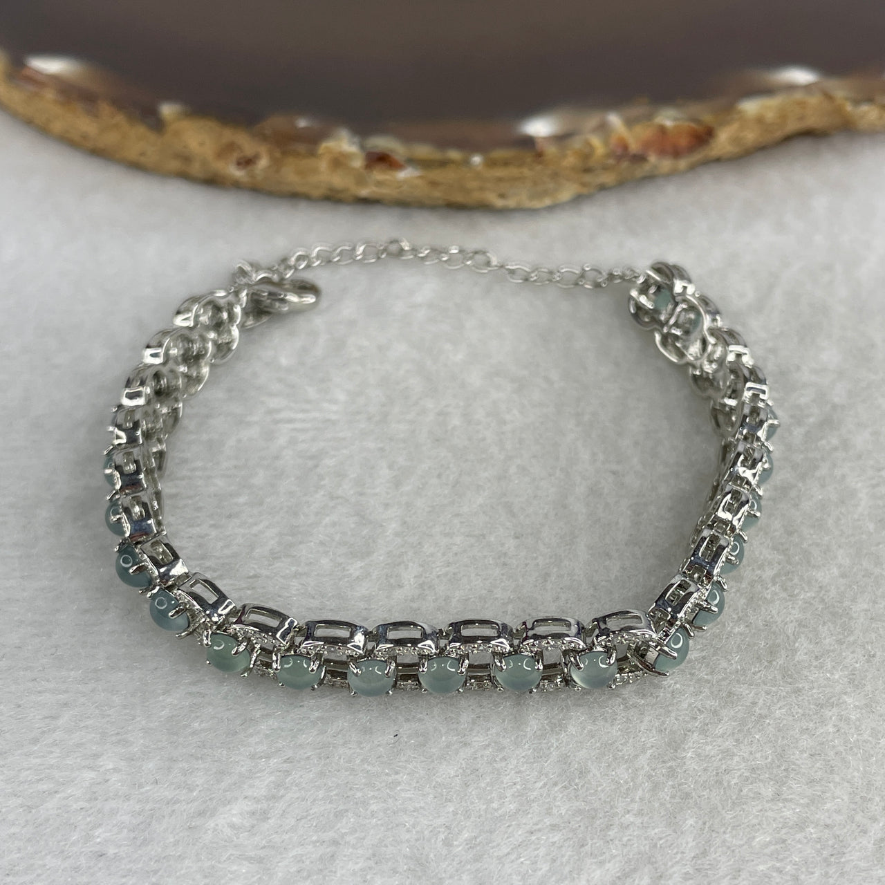 Certified Natural Type A Icy Blueish Green Jadeite Cabochon Bracelet | S925 Sterling Silver Setting | Authentic Myanmar Feicui Elegance (24 Pcs | 15-18cm | 15.52g 3.5x1.5mm)
