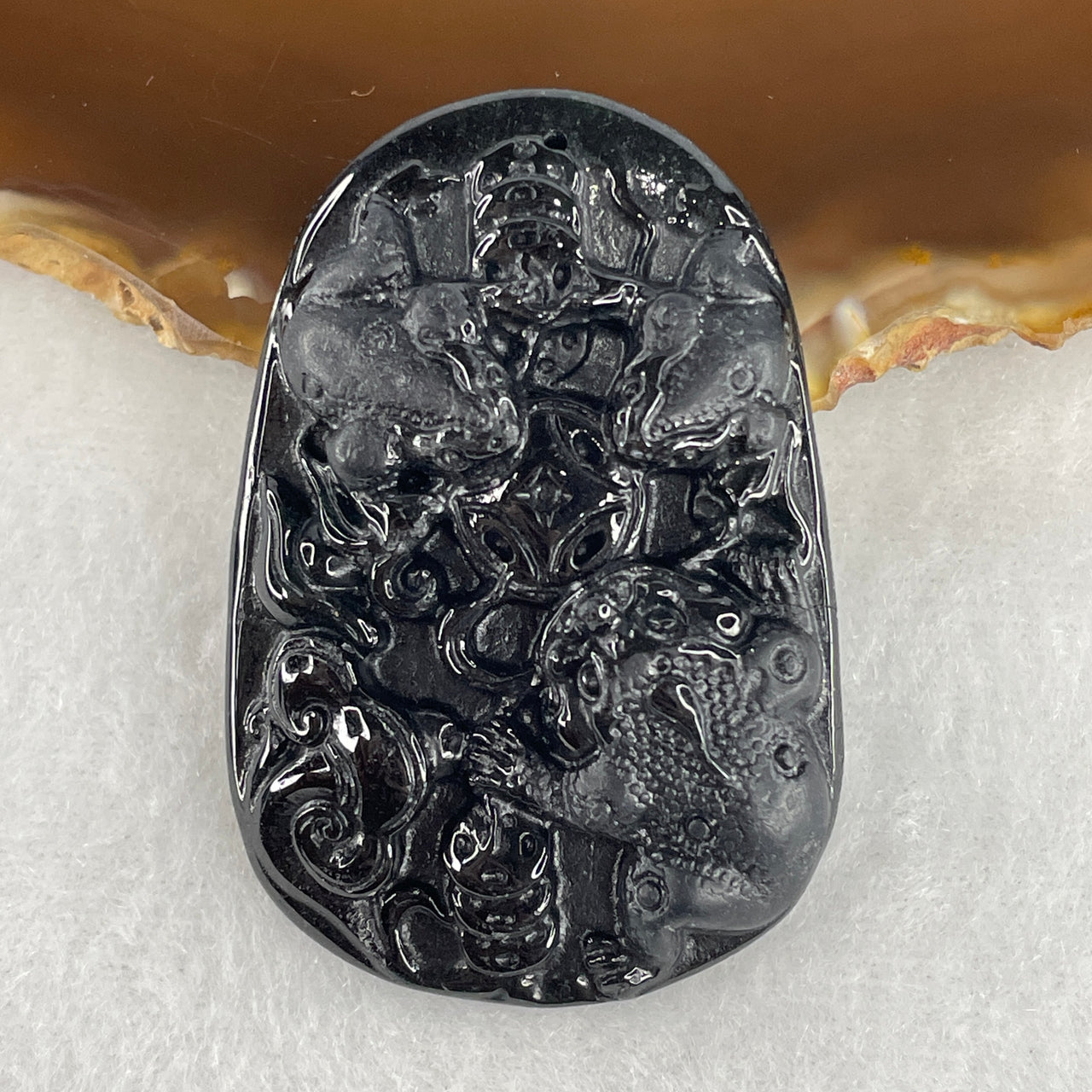 Certified Type A Opaque Black Omphacite Jadeite Three-Legged Money Toad (Chan Chu) Pendant with Coins and Ruyi | Wealth Attractor & Wishes Granted Talisman (21.00g | 51.4 x 34.8 x 8.5mm)