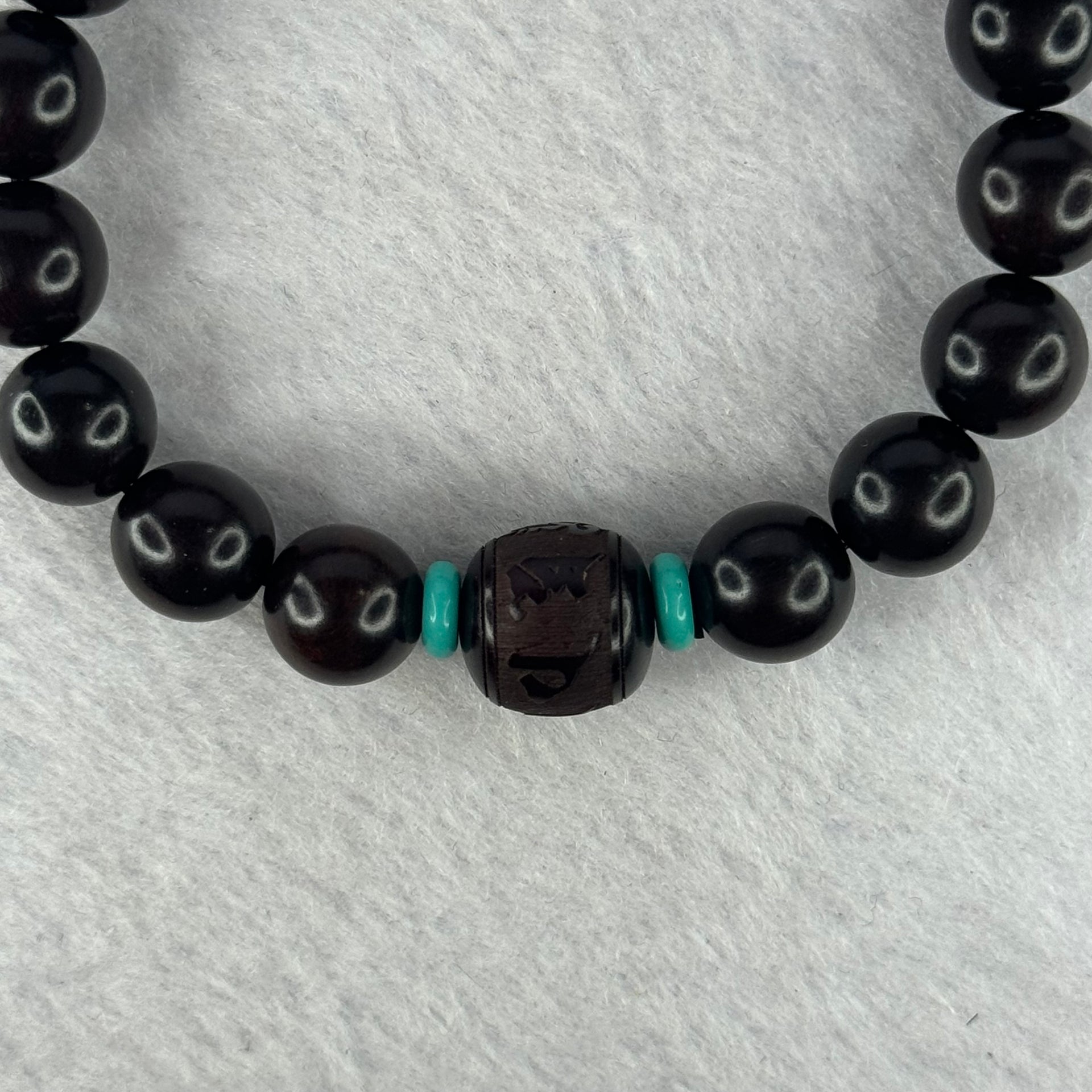 Natural India Zitan 天然小叶字檀木 Om Ma ni Padme Hum 六字真言 Beads Bracelet with Turquoise (Sinking Type) 11.63g 15.5cm 10.1mm by 17 Beads, 12.0mm 1 Bead - Huangs Jadeite and Jewelry Pte Ltd