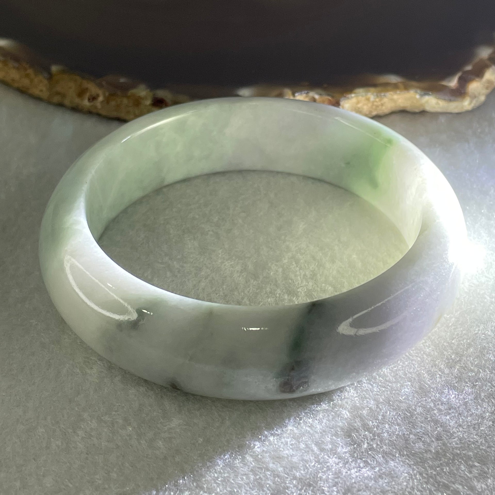 Type A Light Lavender and Light Green with Blueish Green Piao Hua Floral Jadeite Bangle 81.44g Inner Diameter 58.5mm 16.6 by 9.4mm (External and Internal Lines) - Huangs Jadeite and Jewelry Pte Ltd