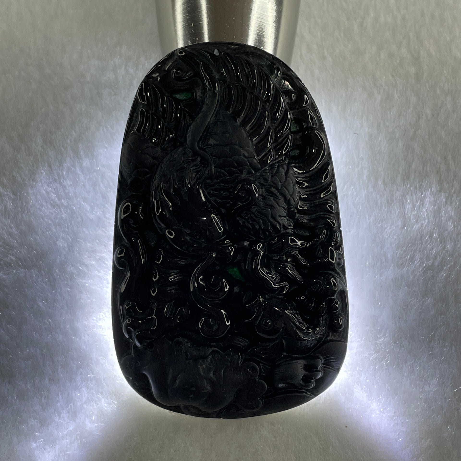 Type A Opaque to Partial Translucent Black Omphacite Jadeite Eagle Fish and Lotus Leaf Pendant 29.55g 60.1 by 38.1 by 8.0mm - Huangs Jadeite and Jewelry Pte Ltd