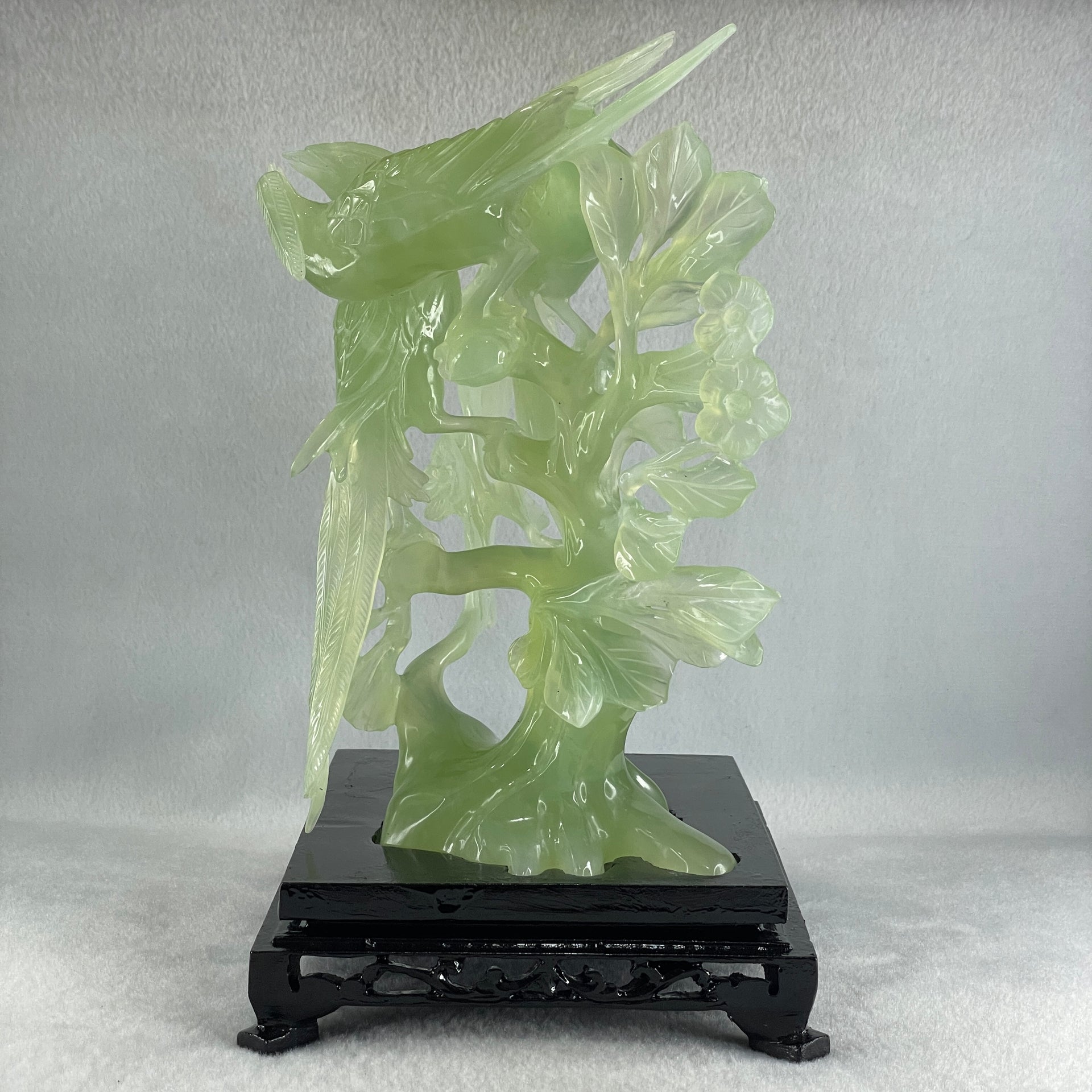 Natural Green Serpentine 3 Phoenix on Tree with Wooden Stand Display 1,022.5g 175.0 by 150.0 by 245.0mm - Huangs Jadeite and Jewelry Pte Ltd