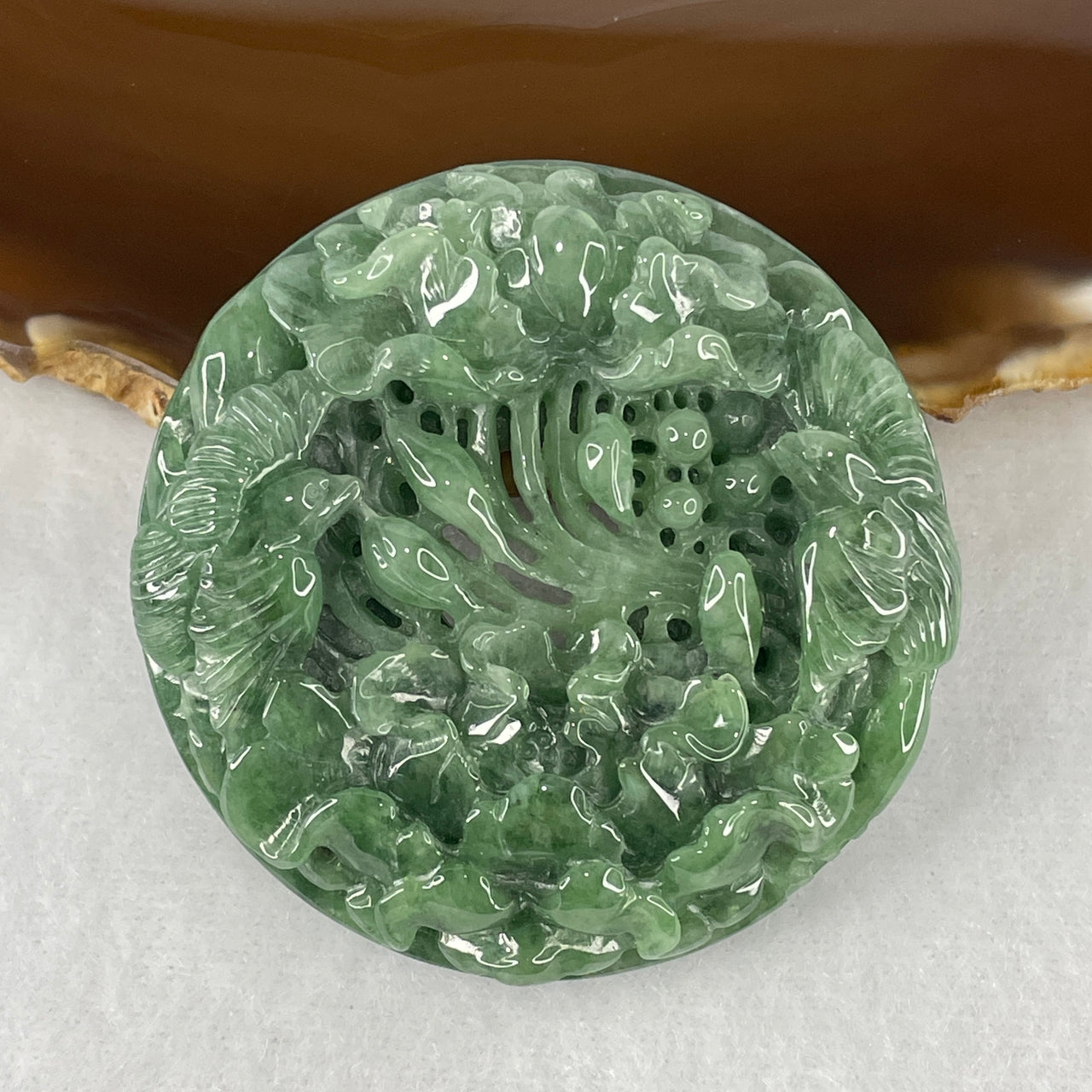 Natural Type A Green Jadeite Twin Birds with Flower Pendant | 100% Untreated Master Carved Fei Cui Sculptural Talisman | Fine Heirloom Investment Jewelry (72.36g | 52.5mm × 14.5mm)