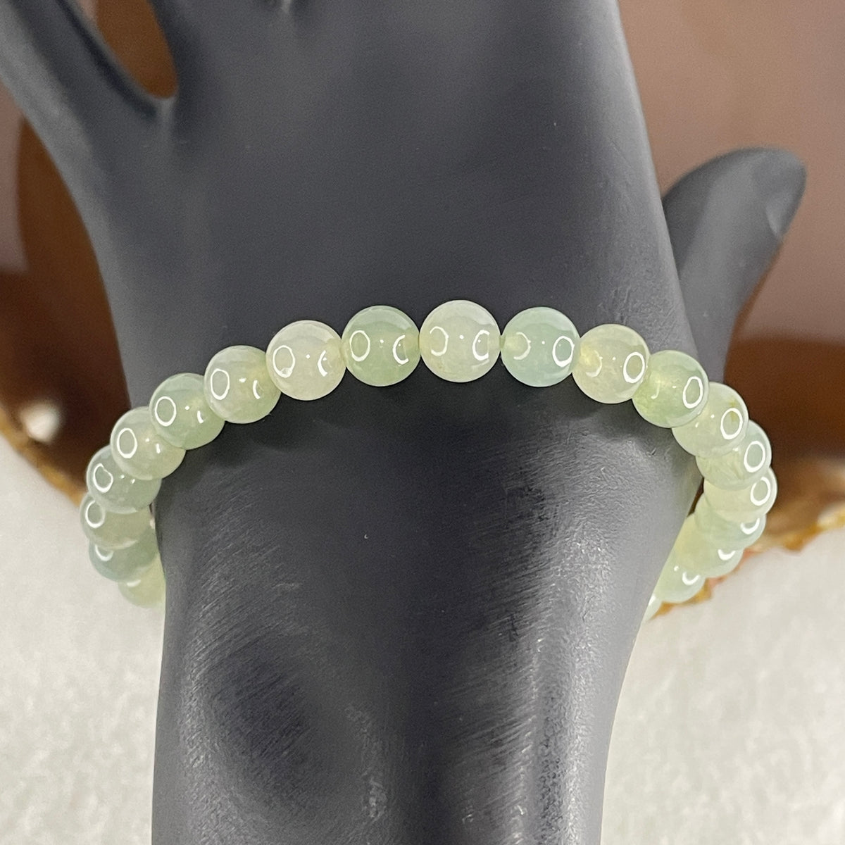 Natural Type A Semi Icy Light Green Jadeite Beads Bracelet | (16.95g | 16.5cm | 7.0mm x 27 Beads | Heart Chakra Radiance, "Ping An" Smooth Luck & Feng Shui Prosperity Catalyst) - Huangs Jadeite and Jewelry Pte Ltd