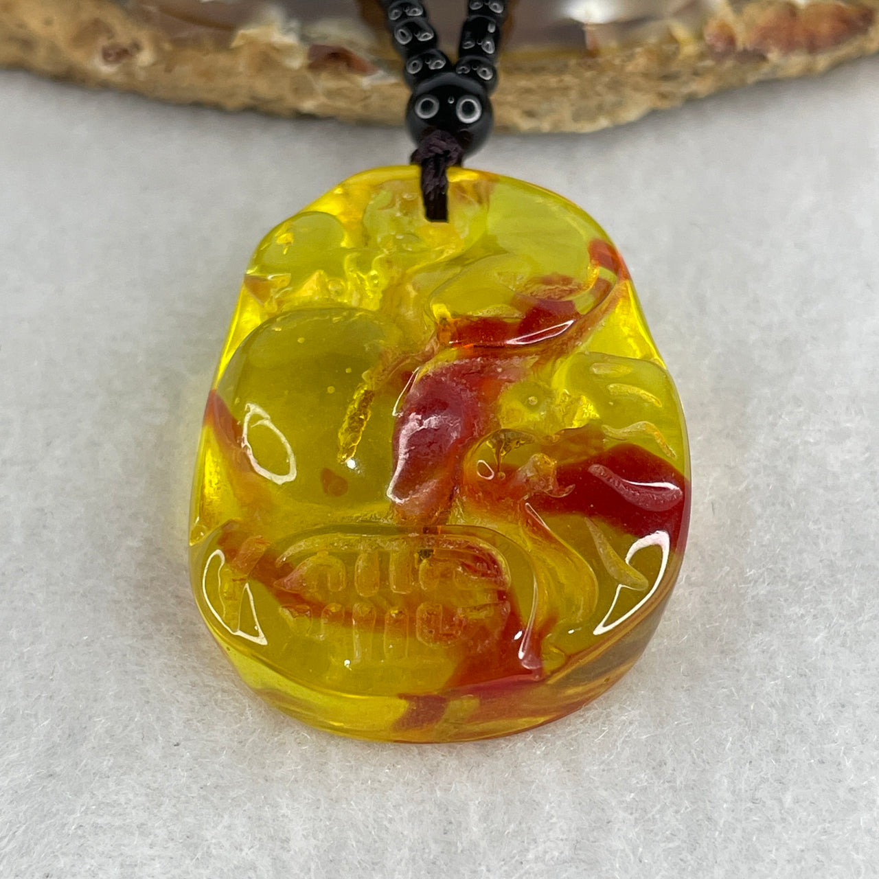 Certified Natural Yellow & Red Amber Hulu Pendant with Bat & Leaf Fossil | Auspicious Gourd Necklace with Black Beads (19.37g | 64cm | 39.2 x 29.2 x 11.4mm)