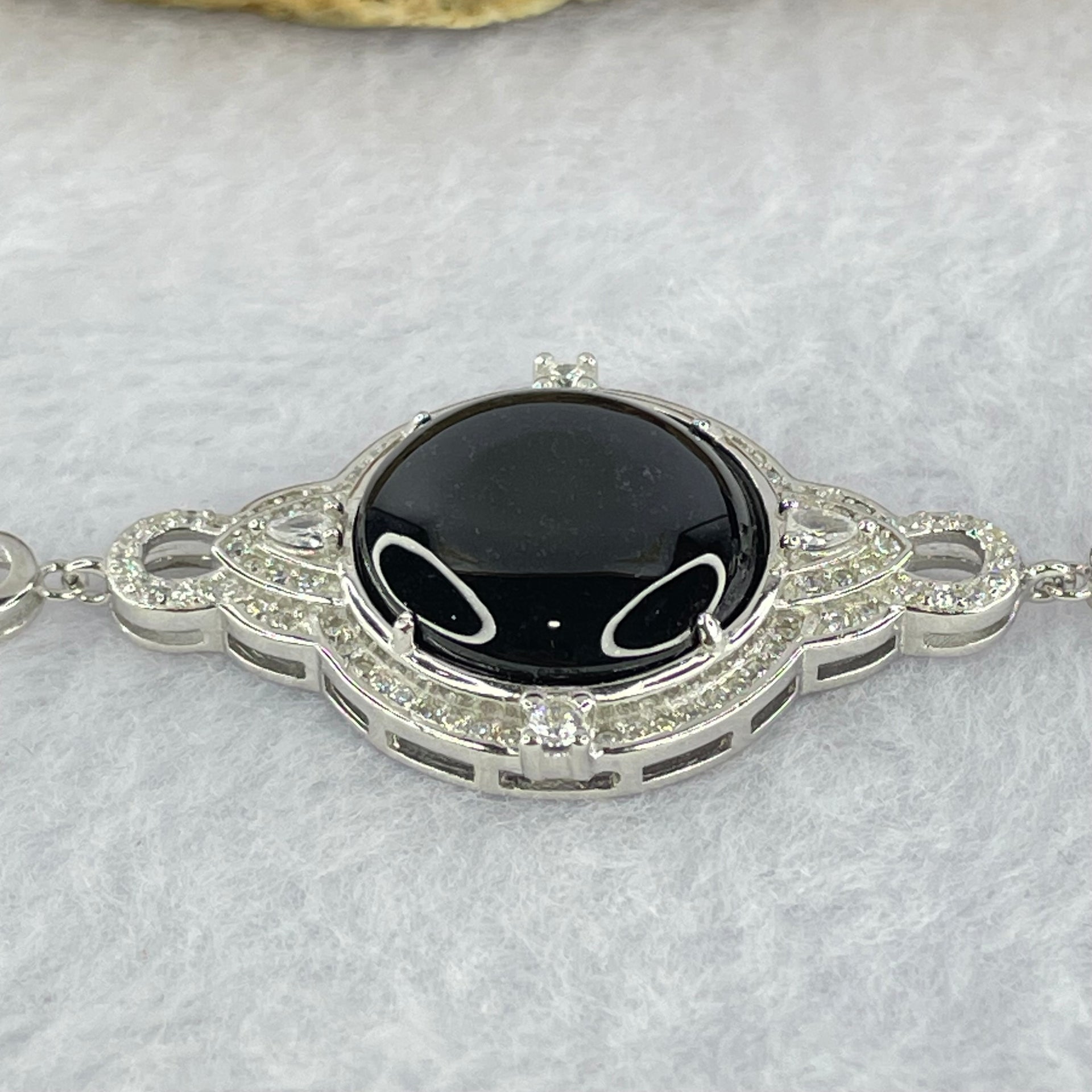Type A Translucent Black Jadeite Round Wu Shi Pai with Crystals in S925 Sliver Bracelet 9.54g 16.5 by 3.0mm - Huangs Jadeite and Jewelry Pte Ltd