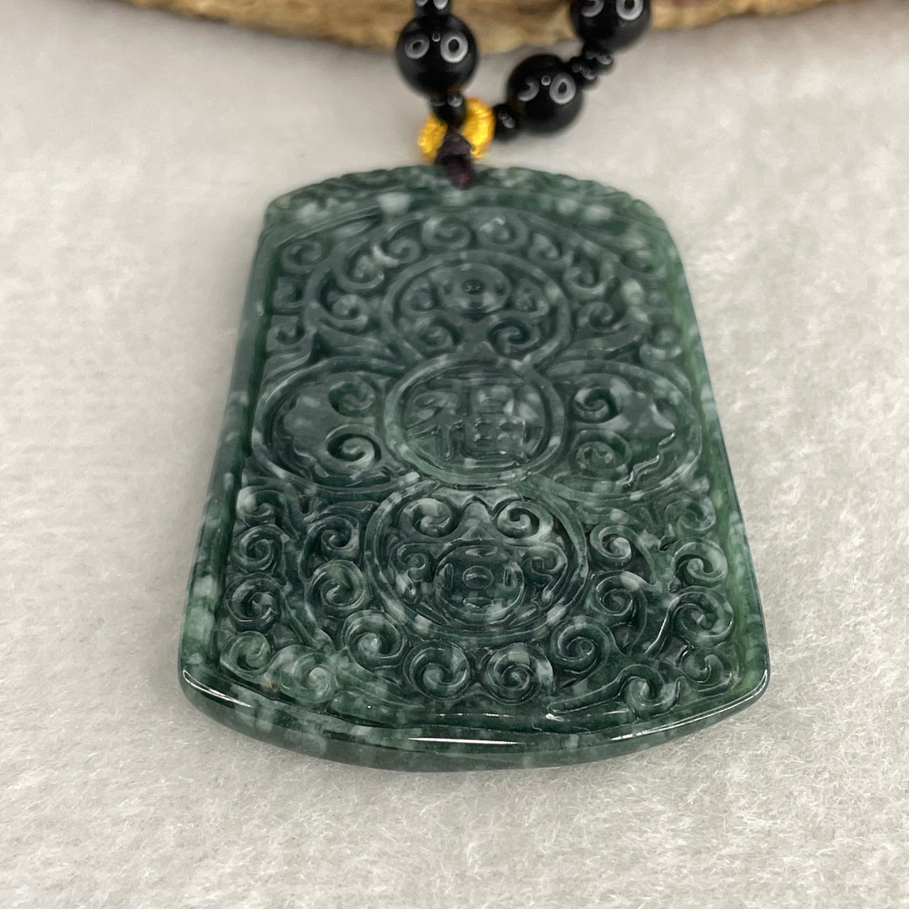 Certified Natural Type A Blueish-Green Jadeite "FU" Blessings Pendant | Genuine Black Onyx Bead Necklace | 67cm Opera Length | 51.1x34.2x4.2mm Imperial Heritage Sovereign Protection Amulet (37.08g)