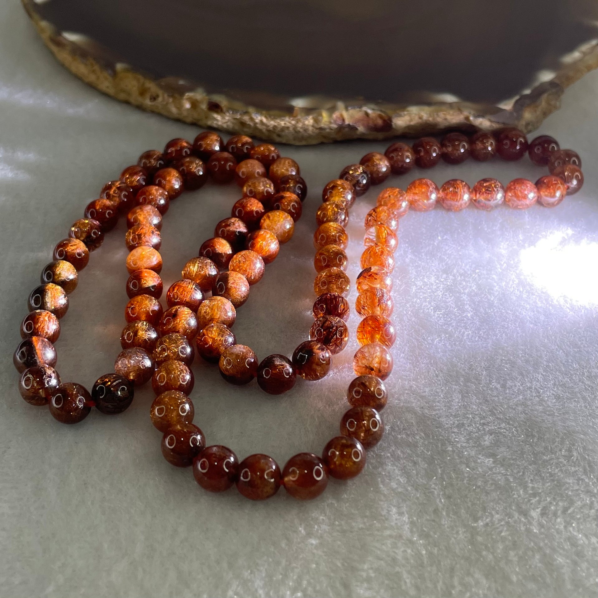 Above Average Grade Natural Copper Rutilated Quartz Beads Elastic Necklace 36.64g 56cm 6.9mm 88 Beads - Huangs Jadeite and Jewelry Pte Ltd