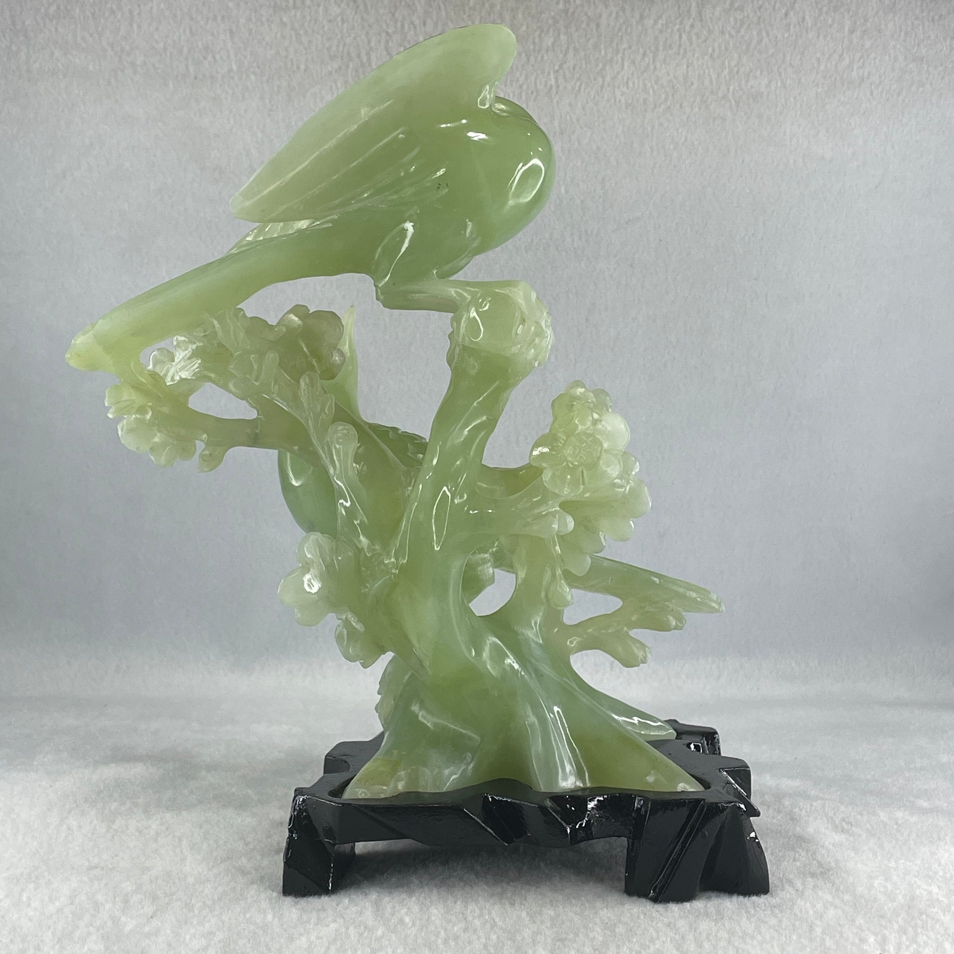 Natural Light Green Serpentine Javan Mynah Twin Birds on Flower Tree with Wooden Stand Display 1,043.4g 115.0 by 125.0 by 210.0mm - Huangs Jadeite and Jewelry Pte Ltd