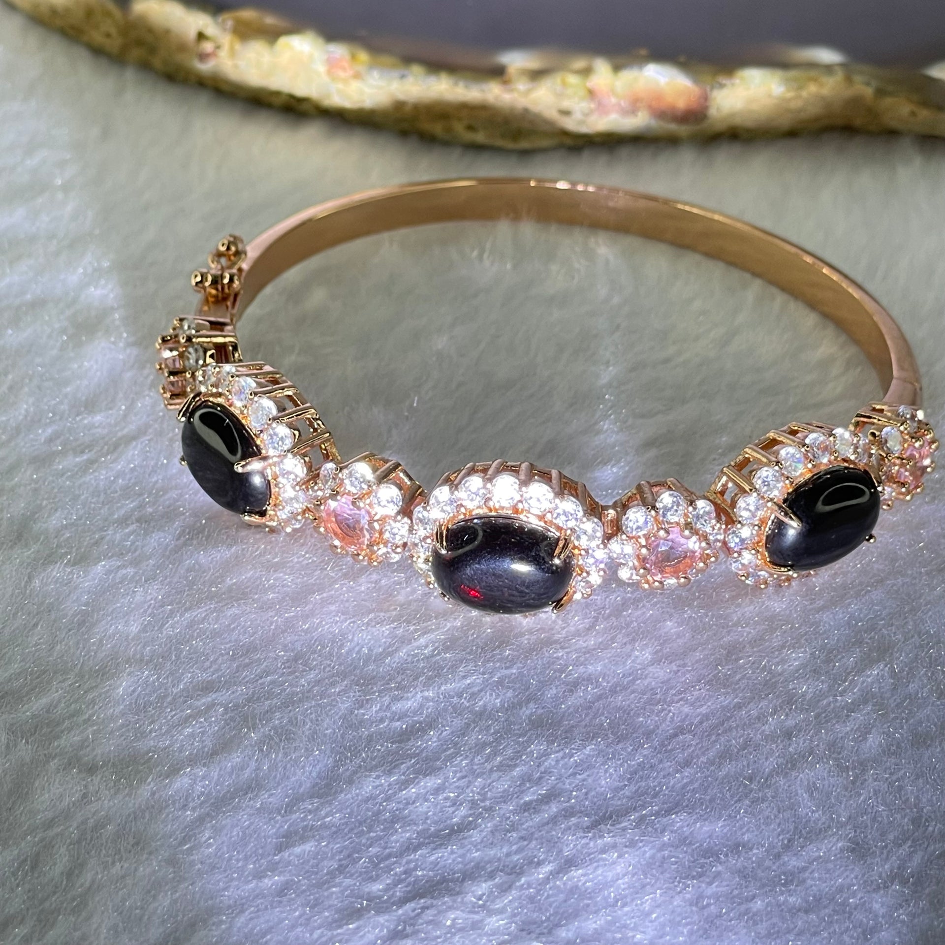 Natural Dark Blood Red Amber with Crystal in Rose Gold Color Bangle 26.43g 18cm 12.1 by 9.0 by 3.5mm 3pcs - Huangs Jadeite and Jewelry Pte Ltd