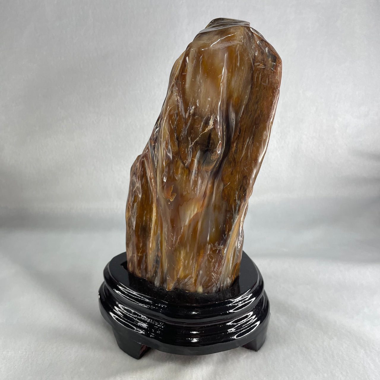 Natural Fossilised Petrified Wood Tower with Wooden Stand Display 1383.4g 190.0 by 124.2 by 105.4 mm - Huangs Jadeite and Jewelry Pte Ltd