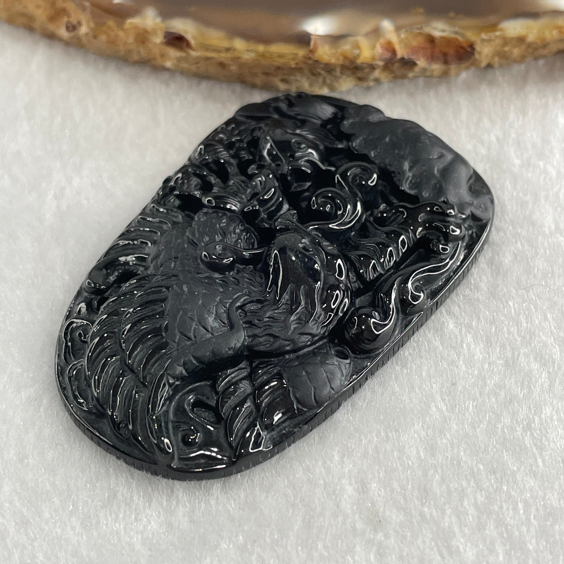 Type A Opaque to Partial Translucent Black Omphacite Jadeite Eagle Fish and Lotus Leaf Pendant 29.55g 60.1 by 38.1 by 8.0mm - Huangs Jadeite and Jewelry Pte Ltd