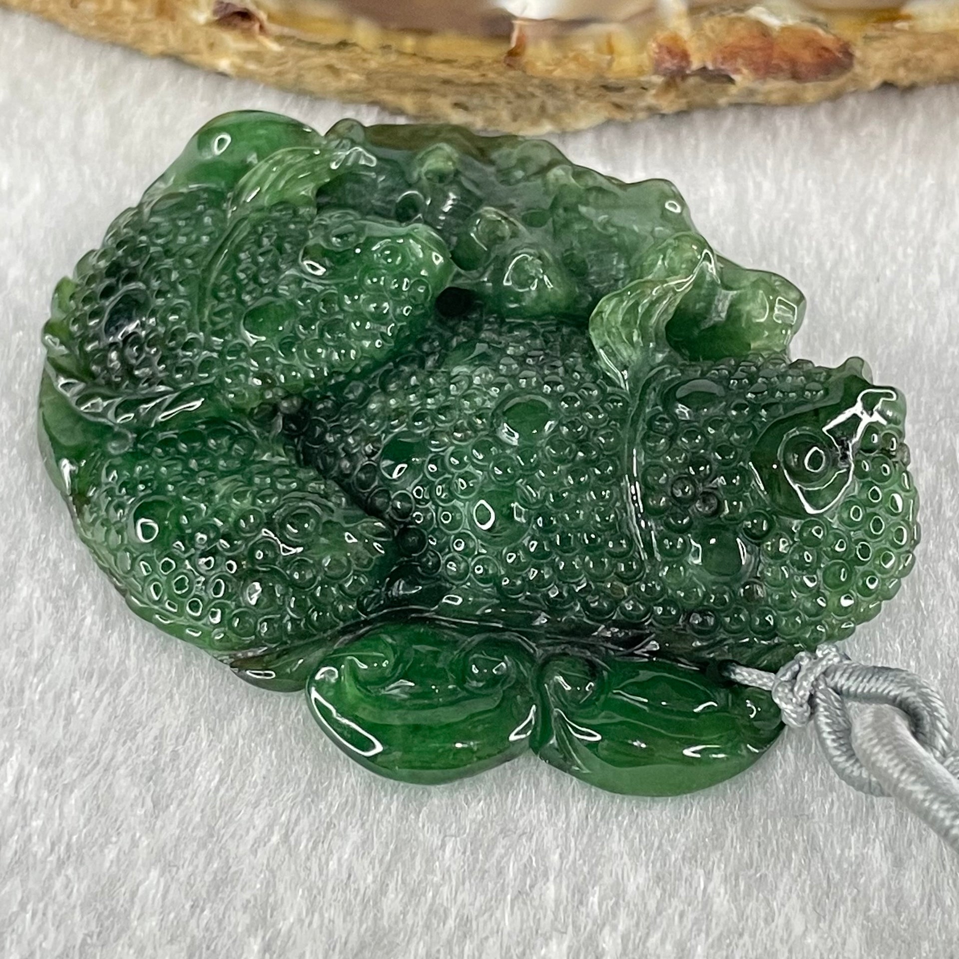 Type A Old Mine Dark Blueish Green Jadeite Double Sided Triple Fish Coin and Ruyi Pendant 41.63g 52.9 by 41.1 by 12.9mm - Huangs Jadeite and Jewelry Pte Ltd