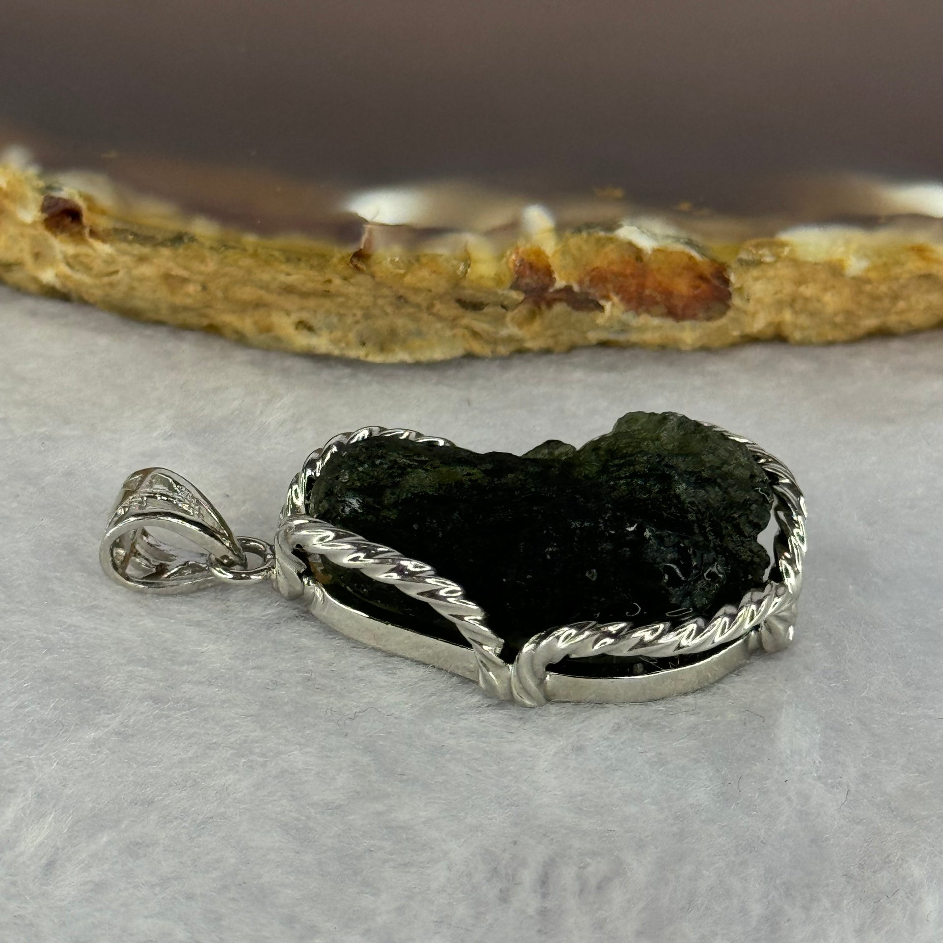 Natural Czech Republic Moldavite Meteorite Crystal in S925 Sliver Pendent 天然捷克陨石925银牌 8.60g 25.5 by 16.4 by 10.1mm - Huangs Jadeite and Jewelry Pte Ltd