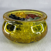 Yellow Liuli Wealth Pot with Five Element Crystal Fragment (Clear Quartz, Black Obsidian, Red Jasper, Citrine, Serpentine) with Wooden Stand Display Total Weight 1,03.48g 118.3 by 62.5mm - Huangs Jadeite and Jewelry Pte Ltd