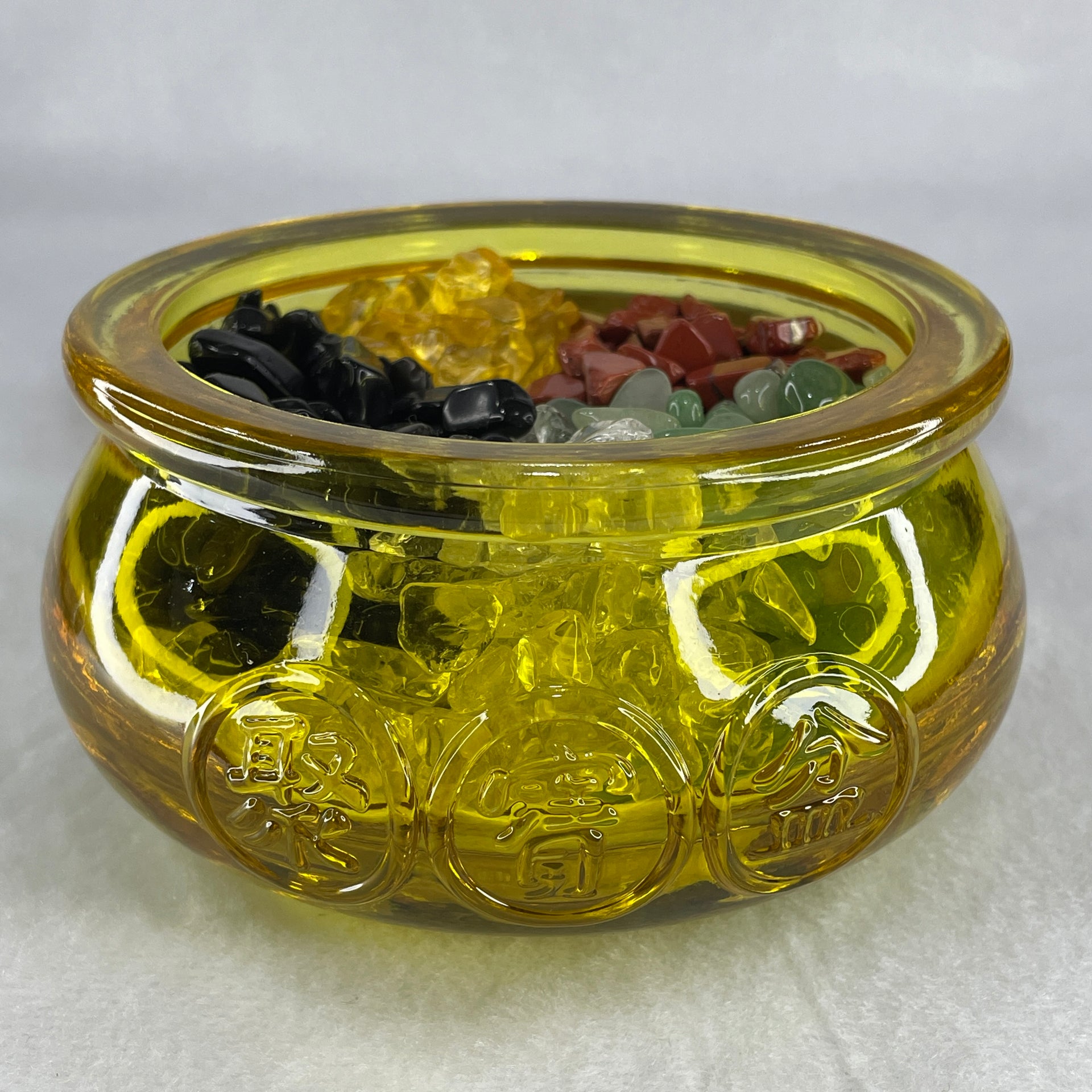 Yellow Liuli Wealth Pot with Five Element Crystal Fragment (Clear Quartz, Black Obsidian, Red Jasper, Citrine, Serpentine) with Wooden Stand Display Total Weight 1,03.48g 118.3 by 62.5mm - Huangs Jadeite and Jewelry Pte Ltd