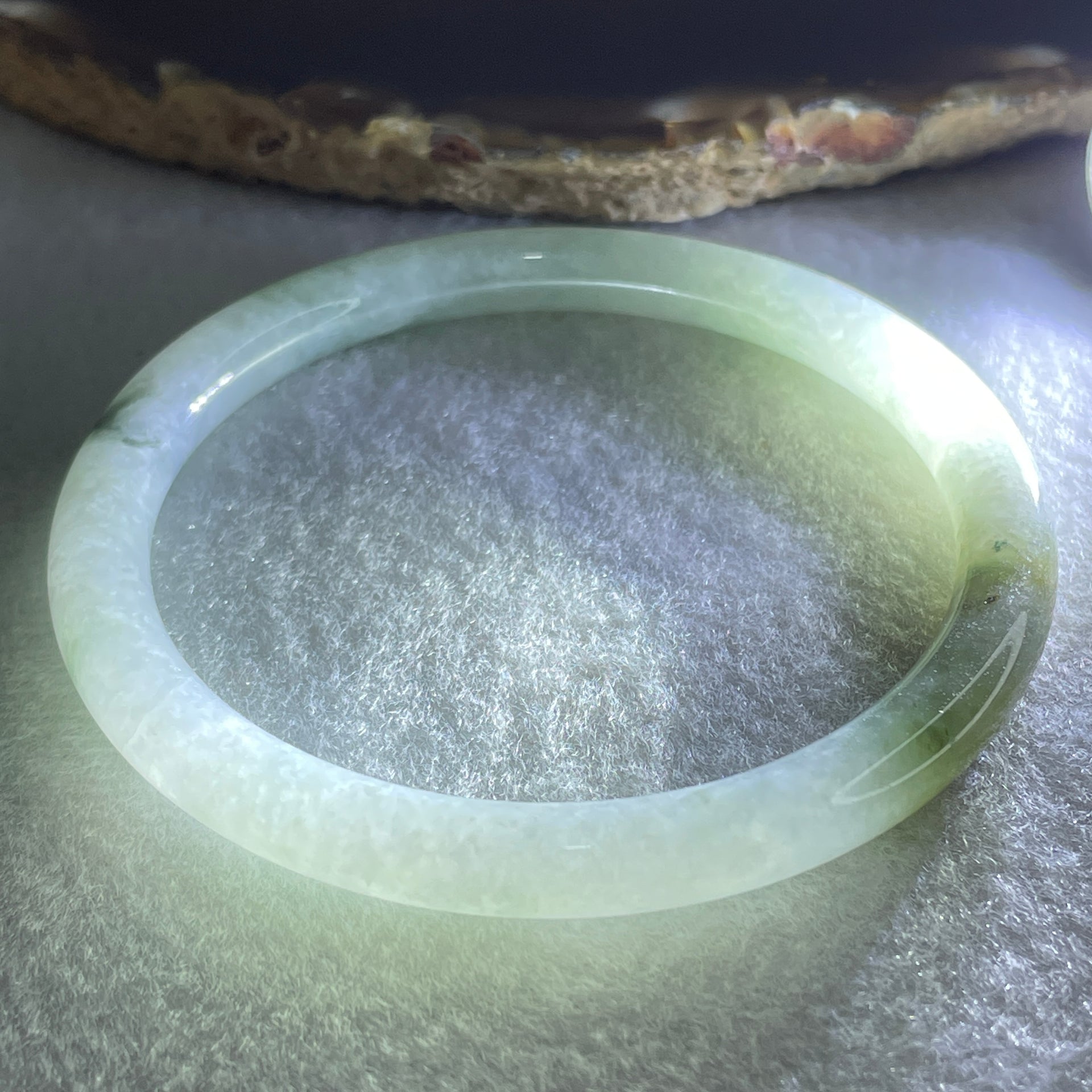 Type A Blueish Green with Brownish Piao Hua Jadeite Bangle Internal Diameter 56.1mm 23.86g 6.7 by 6.9m (Slight Internal Lines) - Huangs Jadeite and Jewelry Pte Ltd