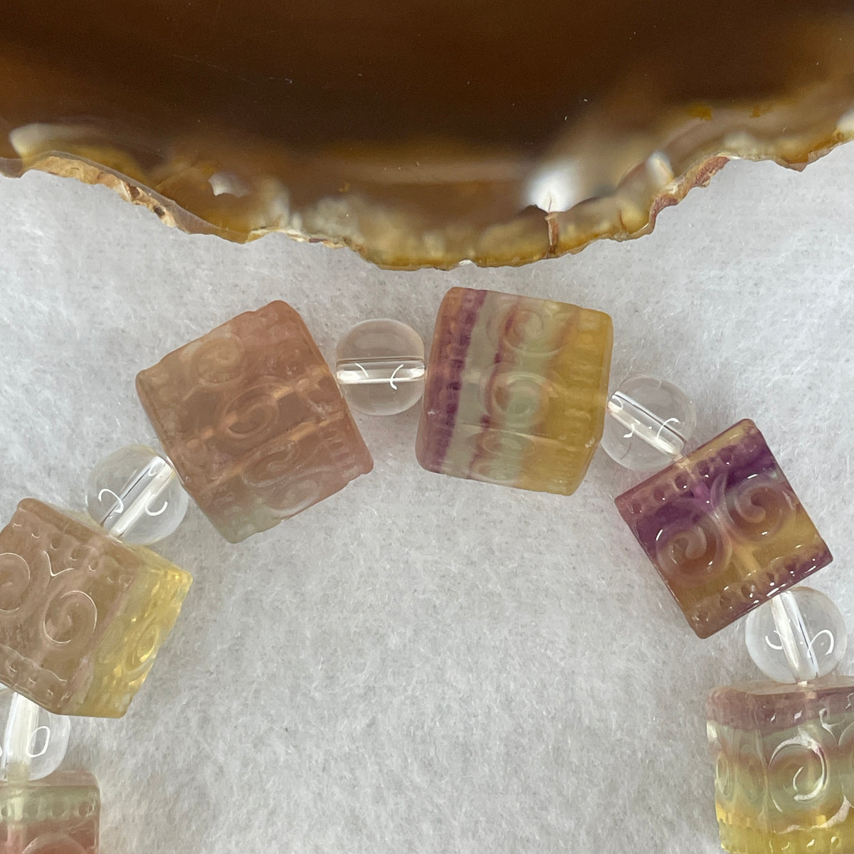 Very Very Good Grade Natural Yellow & Purple Fluorite Cube Beads Bracelet | 12.6mm Geometric Harmony Amulet (66.49g | 17.5cm | 10 Cubes)