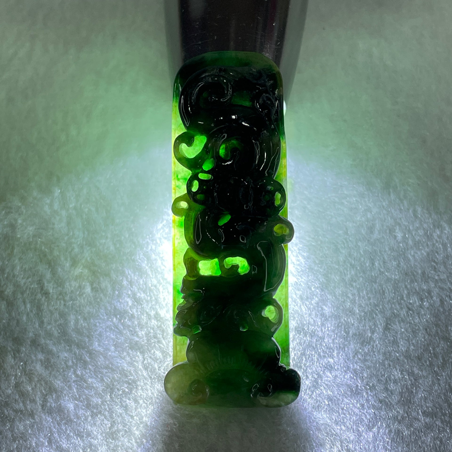 Antique Natural Type A Old Mine Spicy Green with Dark Green Patches Jadeite Dragon Coins with Ruyi Pendant 26.94g 57.8 by 21.2 by 14.7mm - Huangs Jadeite and Jewelry Pte Ltd