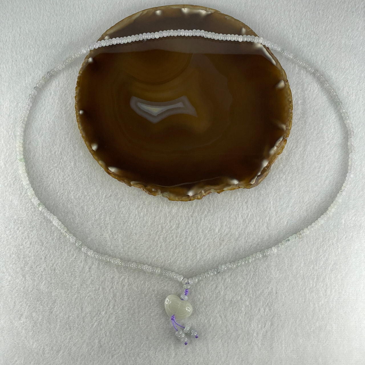 Natural Type A Semi Icy Sky Blue to White Jadeite Beads Necklace 36.93g 66cm 4.9mm 232 Beads Heart Pendant Charm 20.6 by 15.5 by 7.7mm