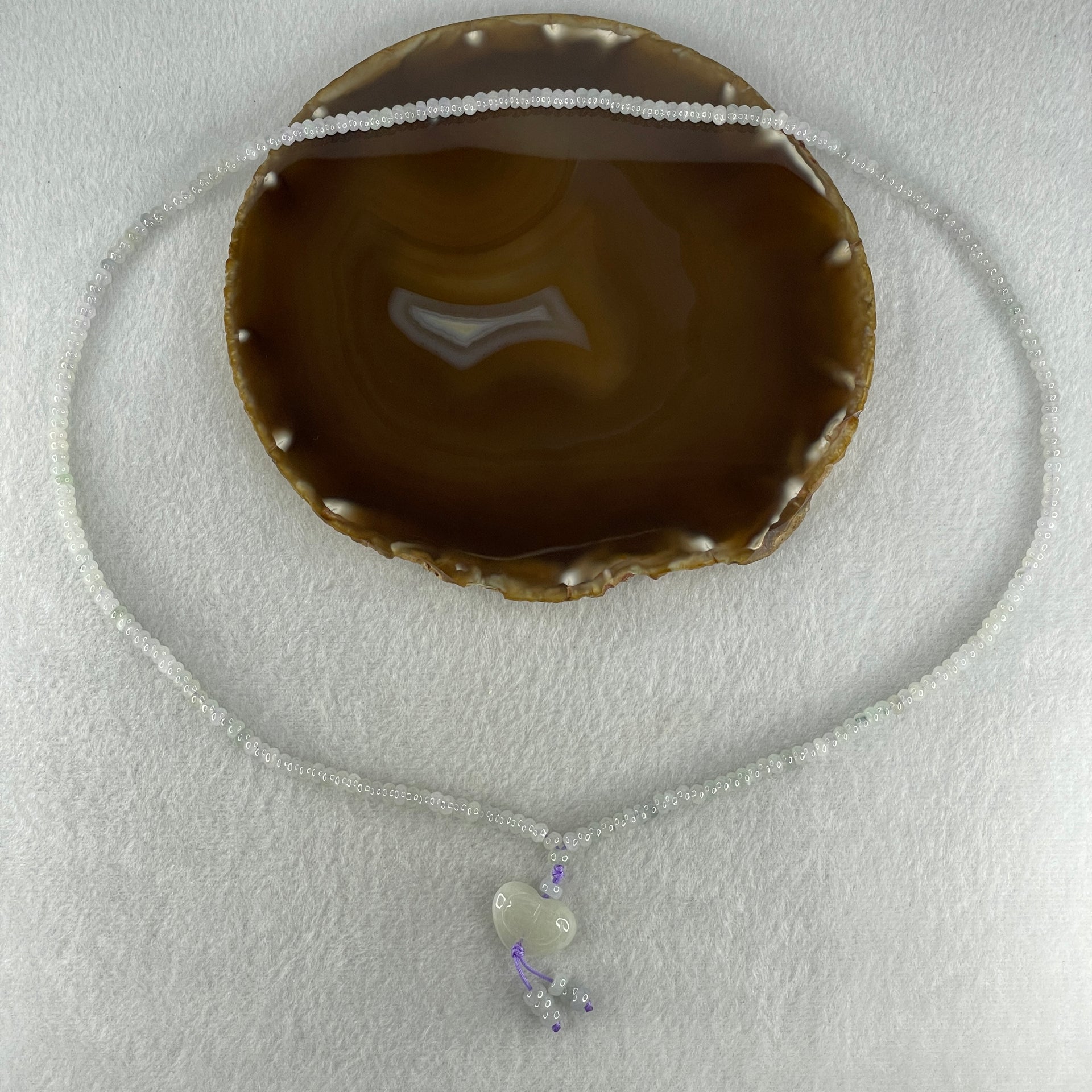 Natural Type A Semi Icy Sky Blue to White Jadeite Beads Necklace 36.93g 66cm 4.9mm 232 Beads Heart Pendant Charm 20.6 by 15.5 by 7.7mm - Huangs Jadeite and Jewelry Pte Ltd