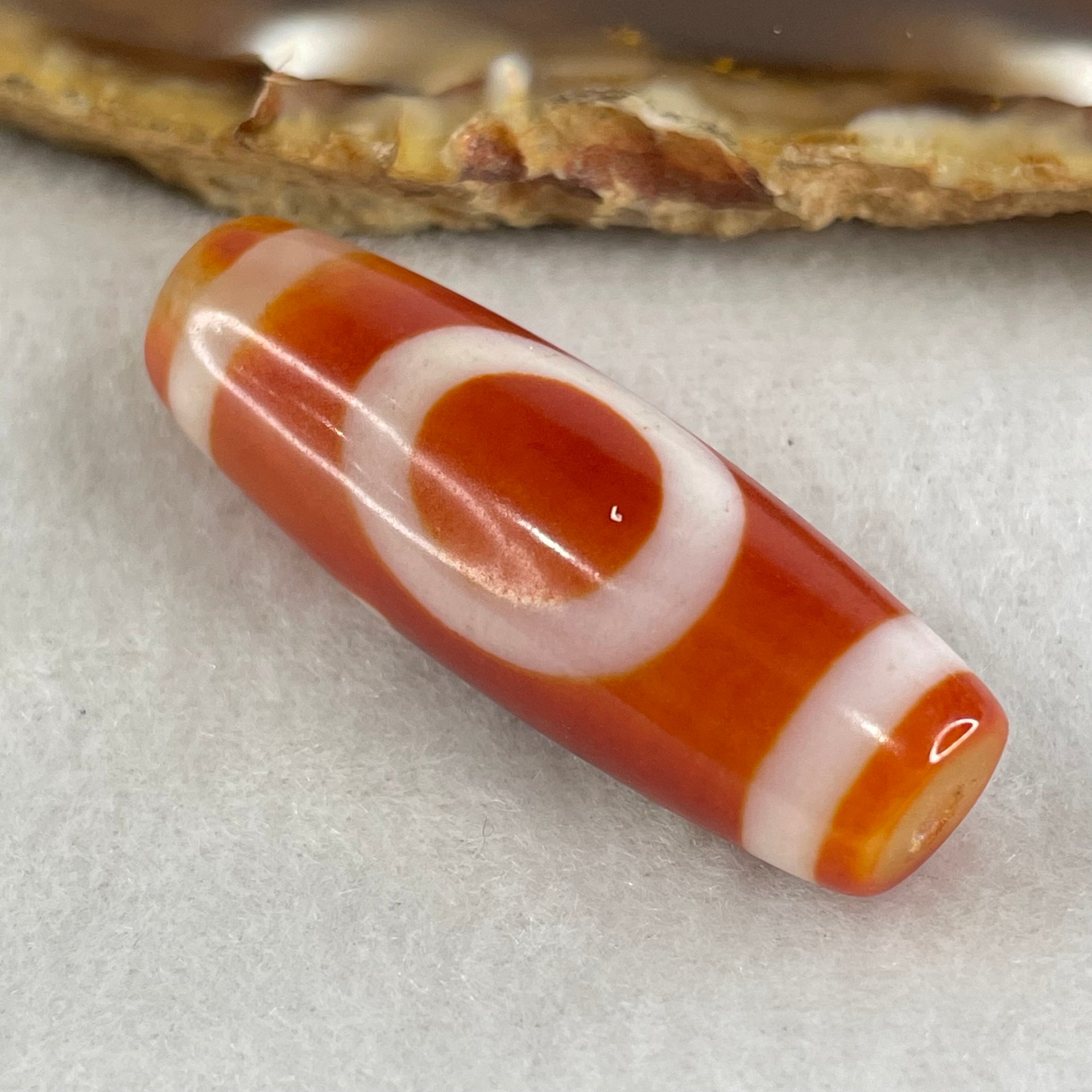 Natural Powerful Tibetan Old Oily Red White Agate One Eye Gold Metal Element Dzi Bead Heavenly Master (Tian Zhu) 一眼金天珠 9.71g 37.8 by 12.9mm - Huangs Jadeite and Jewelry Pte Ltd