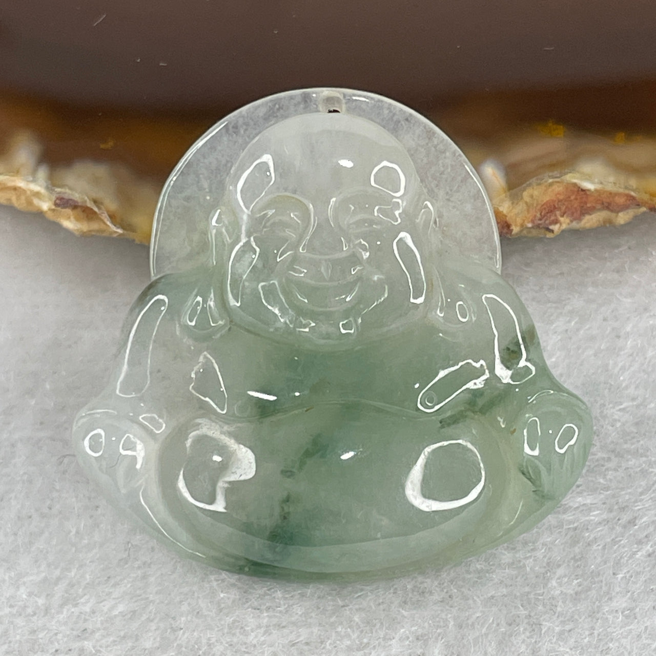 Natural Type A Semi Icy Faint Green with Green Piao Hua Jadeite Milo Laughing Buddha Pendant 10.80g 31.5 by 33.1 by 7.0mm