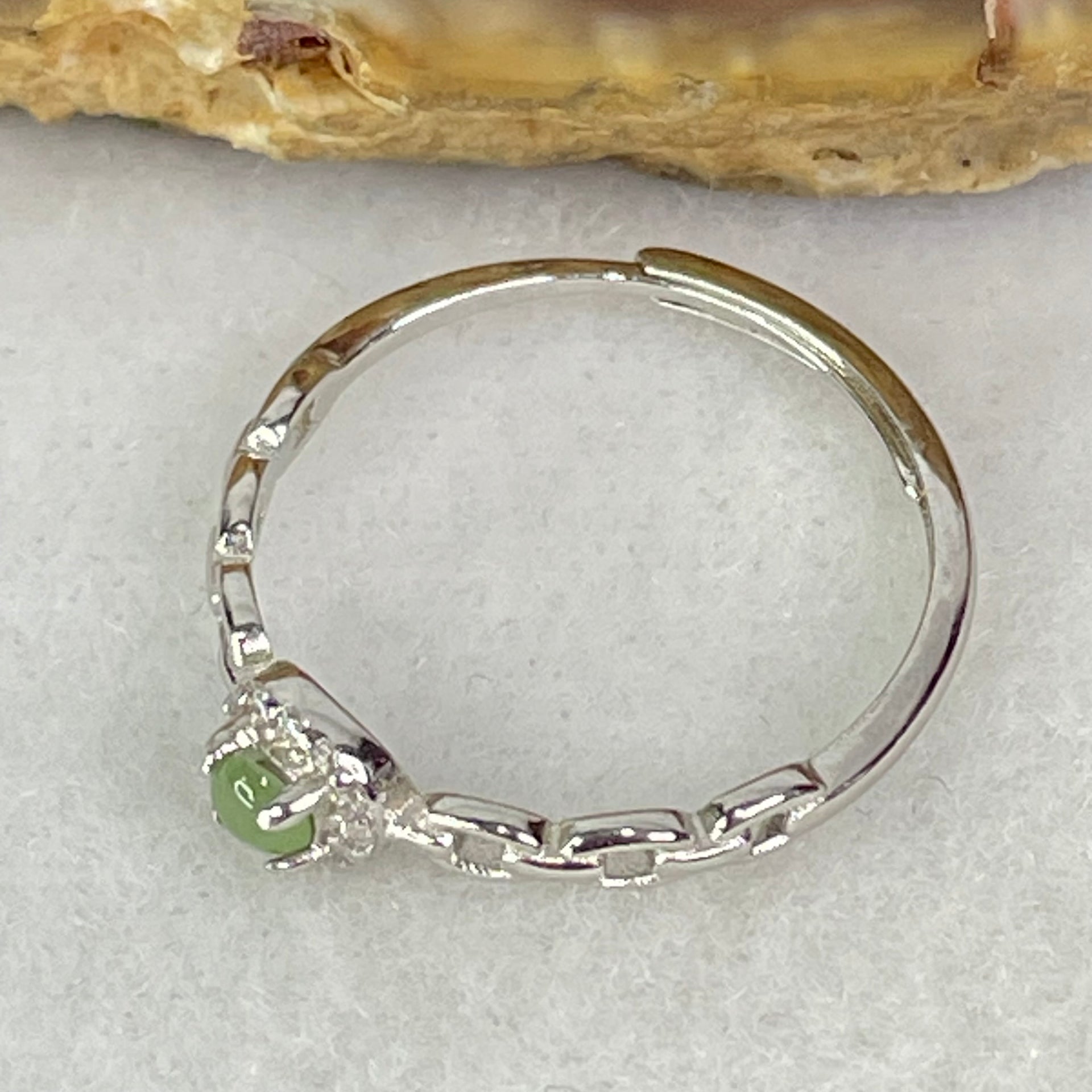 Type A Semi Icy Green Cabochon Jadeite in S925 Sliver Ring (Adjustable Size) 0.90g 3.0 by 1.5mm - Huangs Jadeite and Jewelry Pte Ltd