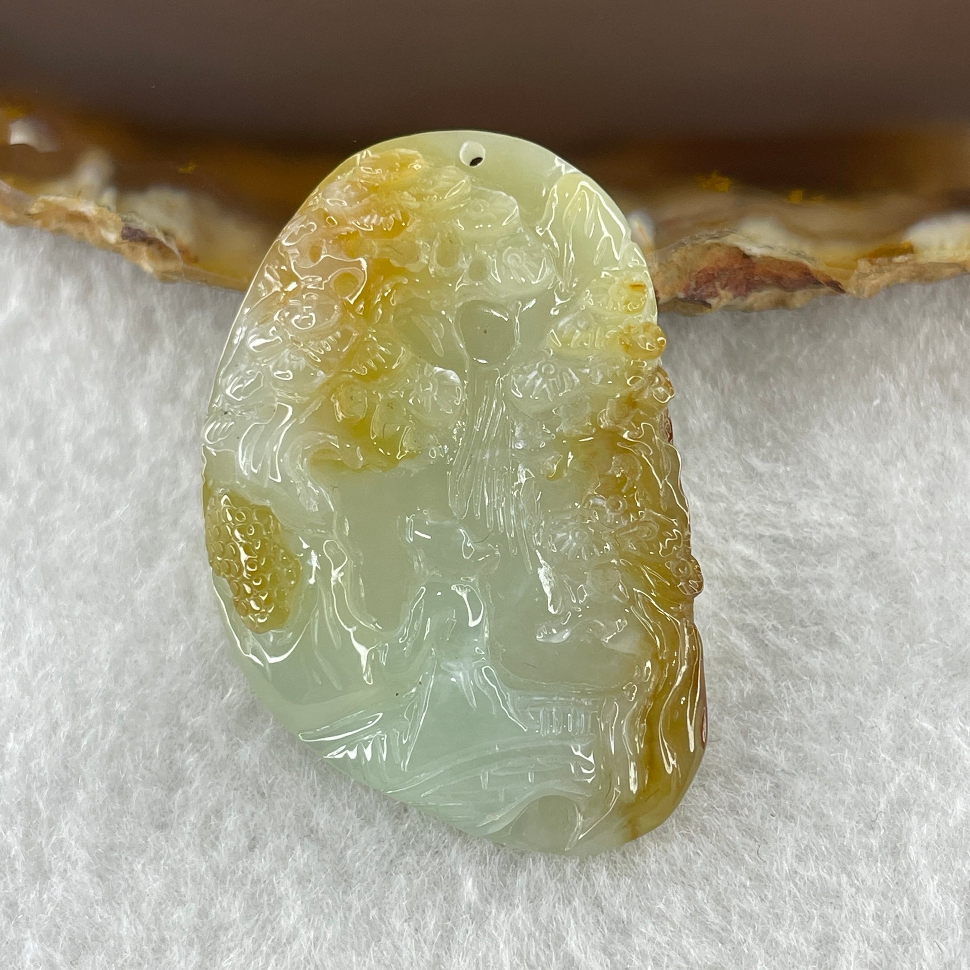 Type A Natural Semi Icy Light Green with Yellow Patches Jadeite Shan Shui Gui Ren Benefactor Pendant 9.79g 38.2 by 25.6 by 6.0mm - Huangs Jadeite and Jewelry Pte Ltd
