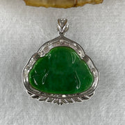 Type A Burmese Intense Green Jadeite Milo Laughing Buddha Pendant Setting 18k White Gold with Diamonds 3.40g 28.0 by 24.4 by 6.7mm - Huangs Jadeite and Jewelry Pte Ltd