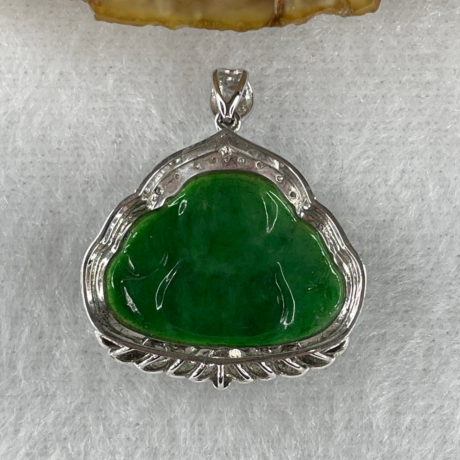 Type A Burmese Intense Green Jadeite Milo Laughing Buddha Pendant Setting 18k White Gold with Diamonds 3.40g 28.0 by 24.4 by 6.7mm - Huangs Jadeite and Jewelry Pte Ltd