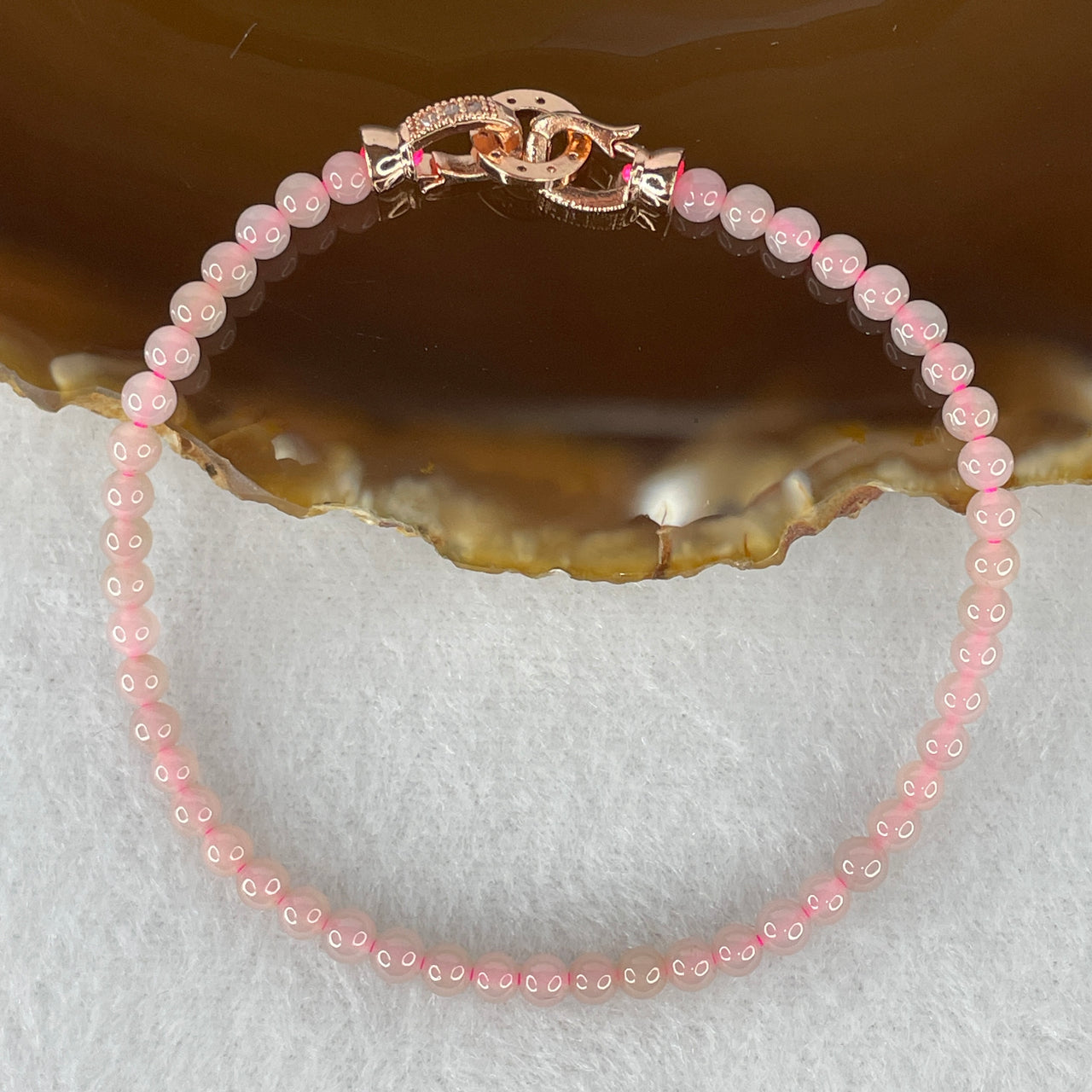 Natural Type A Semi-Icy Pink Jadeite Bracelet | 17cm Delicate 3.8mm Round Genuine Pink Jade Bead Strand with Rose Gold Clasp (5.30g 48 Beads)