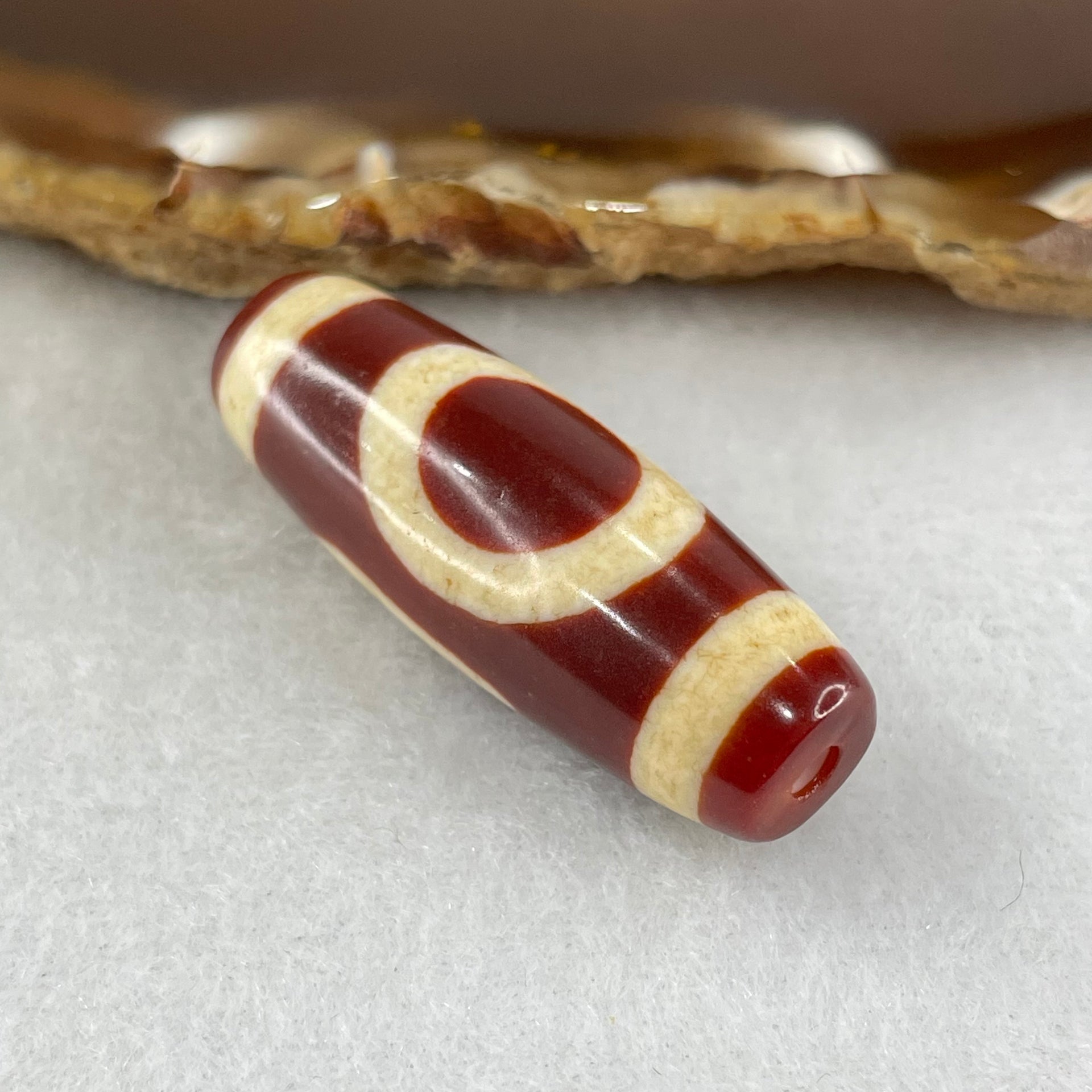 Natural Powerful Tibetan Old Oily Red White Agate One Eye Fire Sign Dzi Bead Heavenly Master (Tian Zhu) 一眼火天珠 10.41g 38.0 by 13.3mm - Huangs Jadeite and Jewelry Pte Ltd
