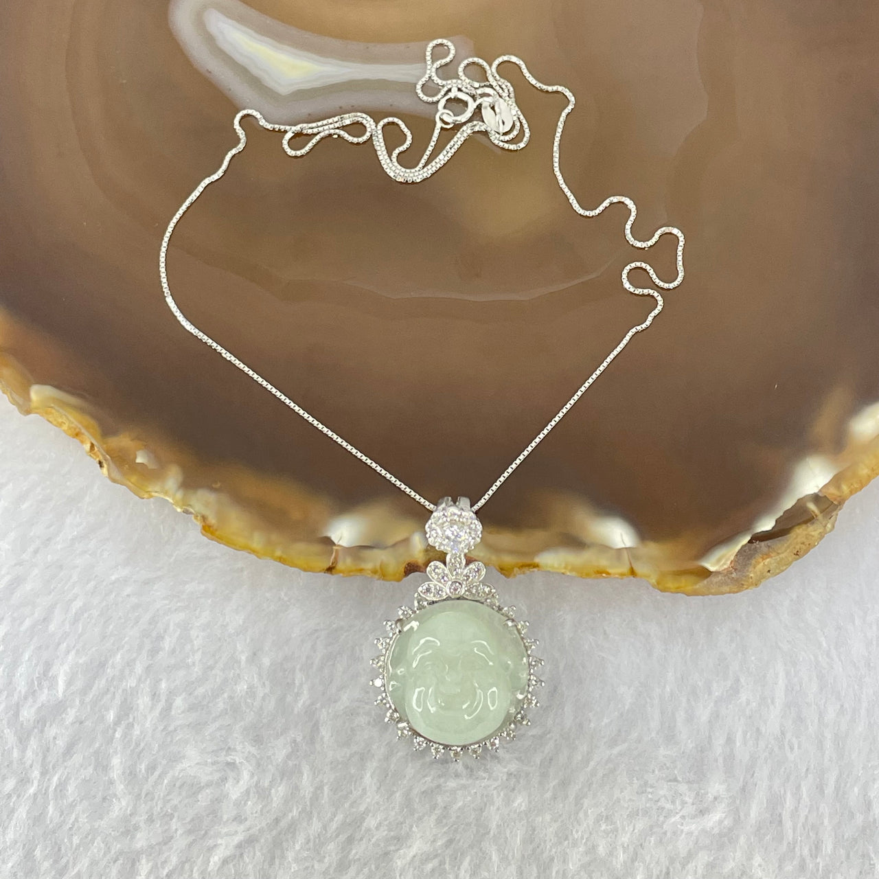 Type A Faint Lavender to White Milo Buddha with Crystals in S925 Sliver Pendant and Necklace 7.47g 16.8 by 16.8 by 9.0mm - Huangs Jadeite and Jewelry Pte Ltd