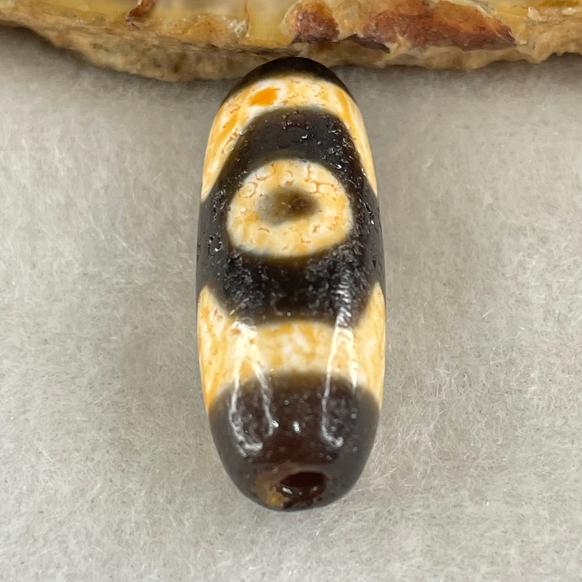 Natural Powerful Tibetan Old Oily Agate 3 Eyes Dzi Bead Heavenly Master (Tian Zhu) 三眼天诛 4.57g 28.2 by 10.4mm - Huangs Jadeite and Jewelry Pte Ltd