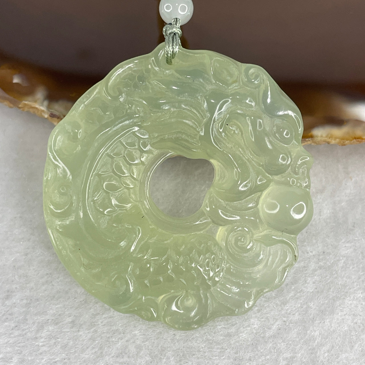High-Grade Natural Icy Green Serpentine Jade Pendant | Circular Dragon Carp Masterpiece | 42.9x42.5x9.7mm "Leaping Over the Dragon Gate" Ultimate Success & Transformation Amulet (24.14g)