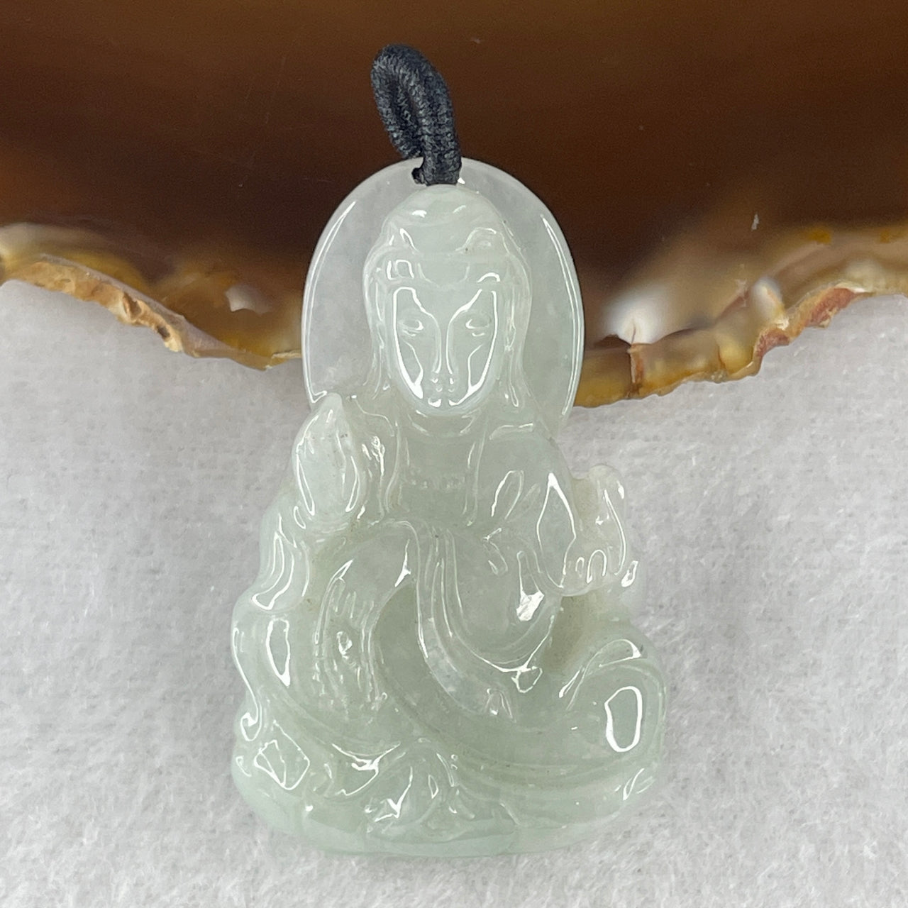 Natural Type A Jadeite Guan Yin Pendant – Jelly Faint Green Jade Symbol of Protection, Peace & Prosperity 25.28g 46.9 by 29.1 by 11.7mm